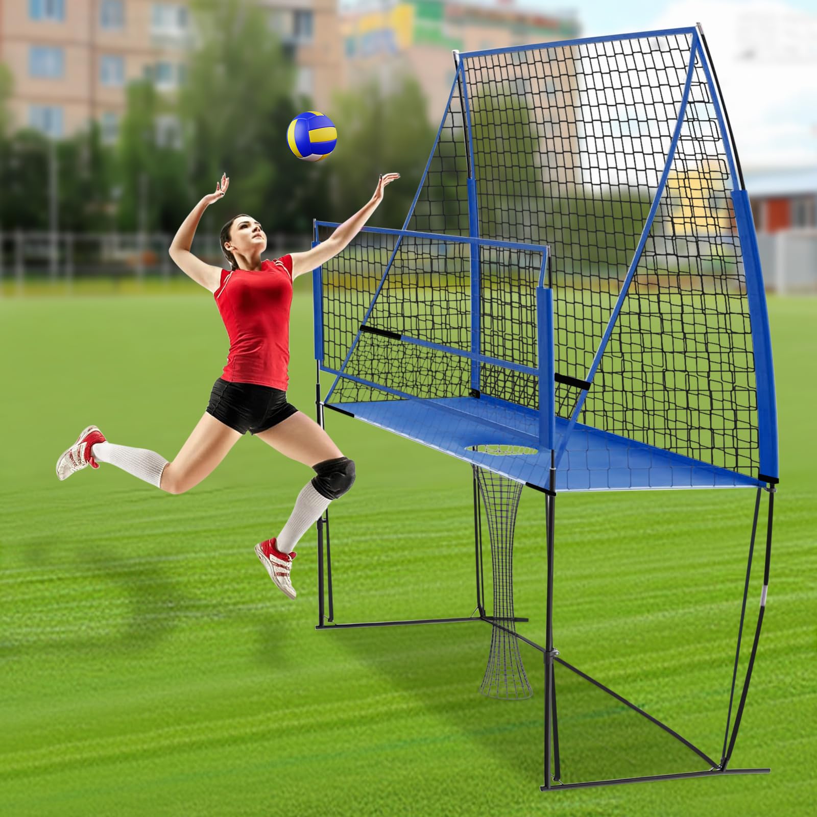 JAYGOVAN Volleyball Training Equipment Net Portable Practice Net for Backyard, Indoor Outdoor Use, Easy Assembly 4 Adjustable Heights Volleyball Net for Hitting, Serving, and Passing Drills (Blue)