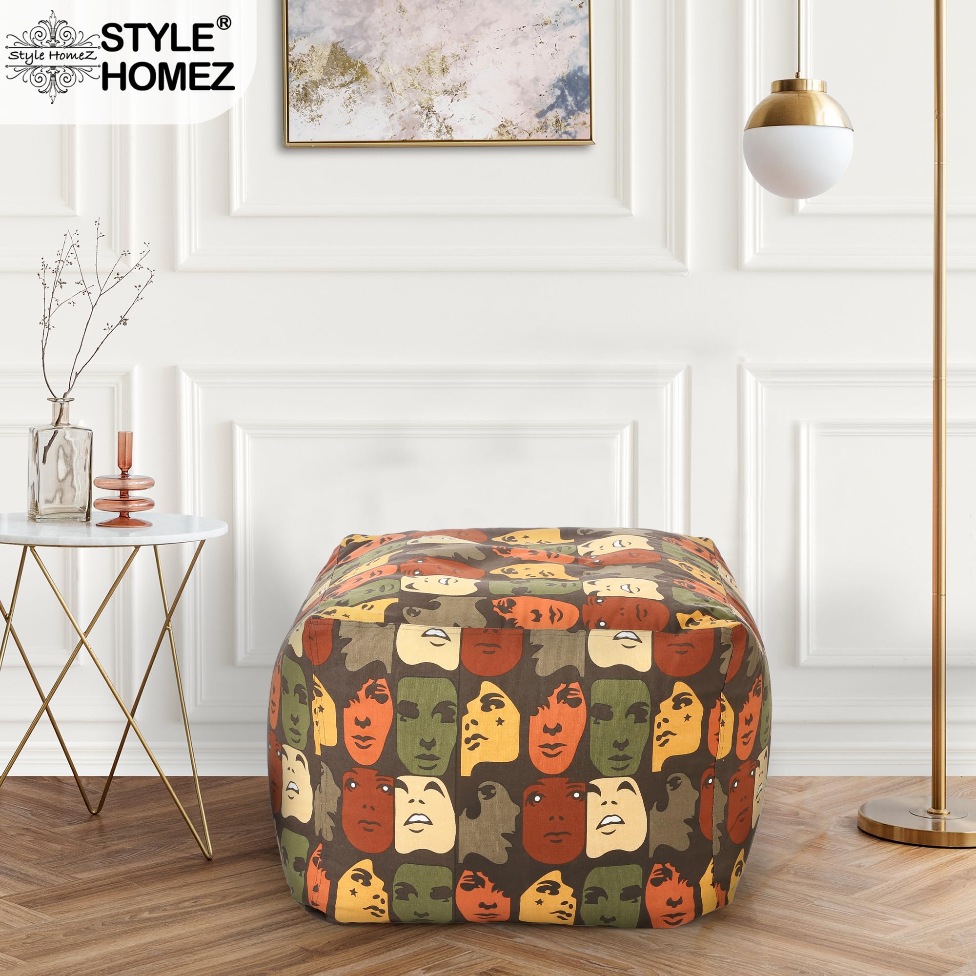 Style Homez Square Ottoman, Cotton Canvas Abstract Printed Bean Bag Stool Large Size Cover Only, Multi Color 1