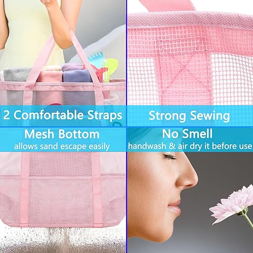 Miniatura 5 de Bolsa de playa de malla, bolsas grandes de playa con cremallera, bolsa de piscina para juguetes para viajes familiares, vacaciones, cruceros,