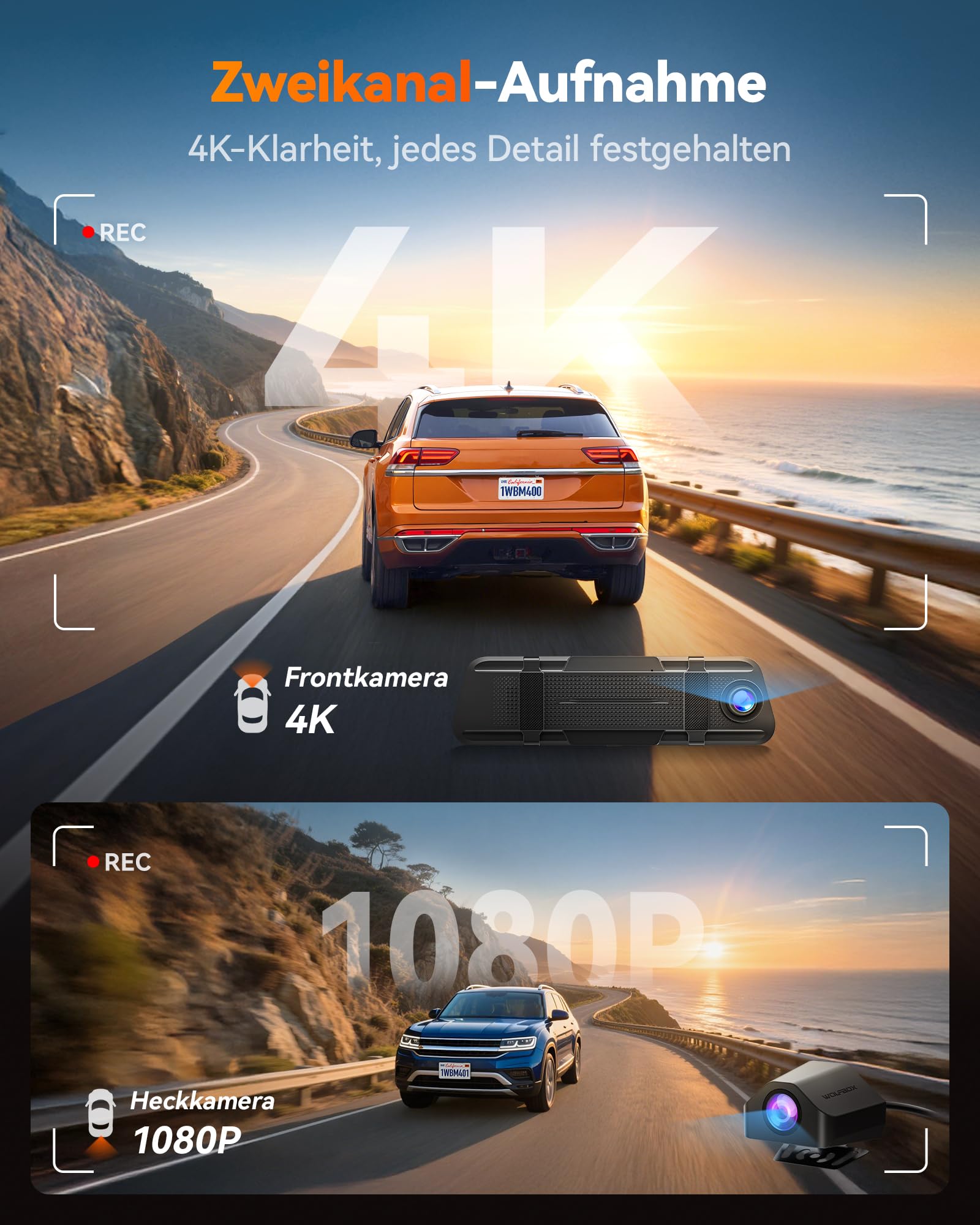 WOLFBOX M40 10” Rückfahrkamera Spiegel, 4K+1080P Dashcam Auto Vorne Hinten | Rückspiegel Kamera mit ADAS/BSD, Sprachsteuerung, Nachtsicht, Touchscreen, Integriertem Wi-Fi, Inklusive 64GB Karte & GPS