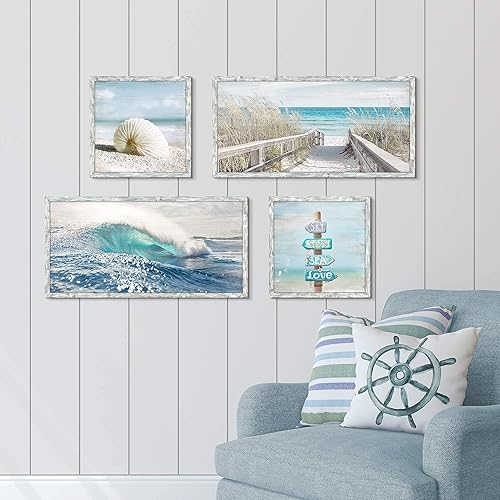 Miniatura 3 de Ocean Pictures - Obras de arte de madera enmarcadas, pintura de olas rodantes de paisaje marino, impresiones artísticas de pared multipanel para