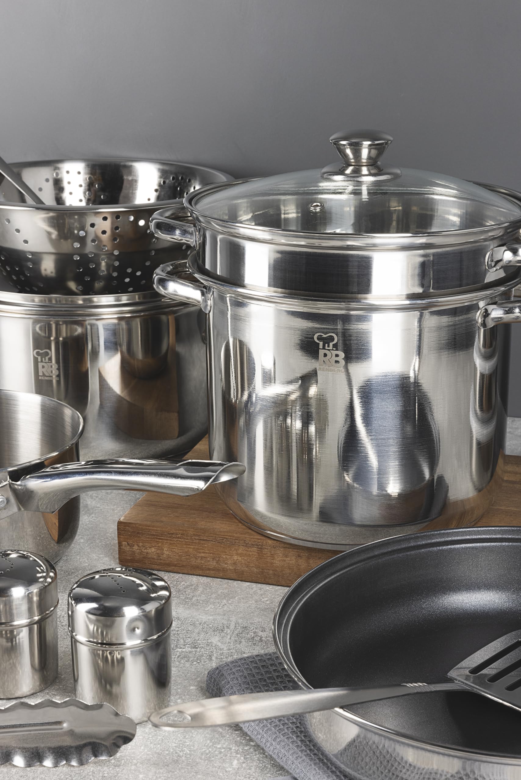 RENBERG LUCA Ensemble d'ustensiles de cuisine en acier inoxydable 18 pièces - Comprend des poêles avec couvercles, des poêles à frire, des ustensiles et des bols Convient à tous les types de cuisson