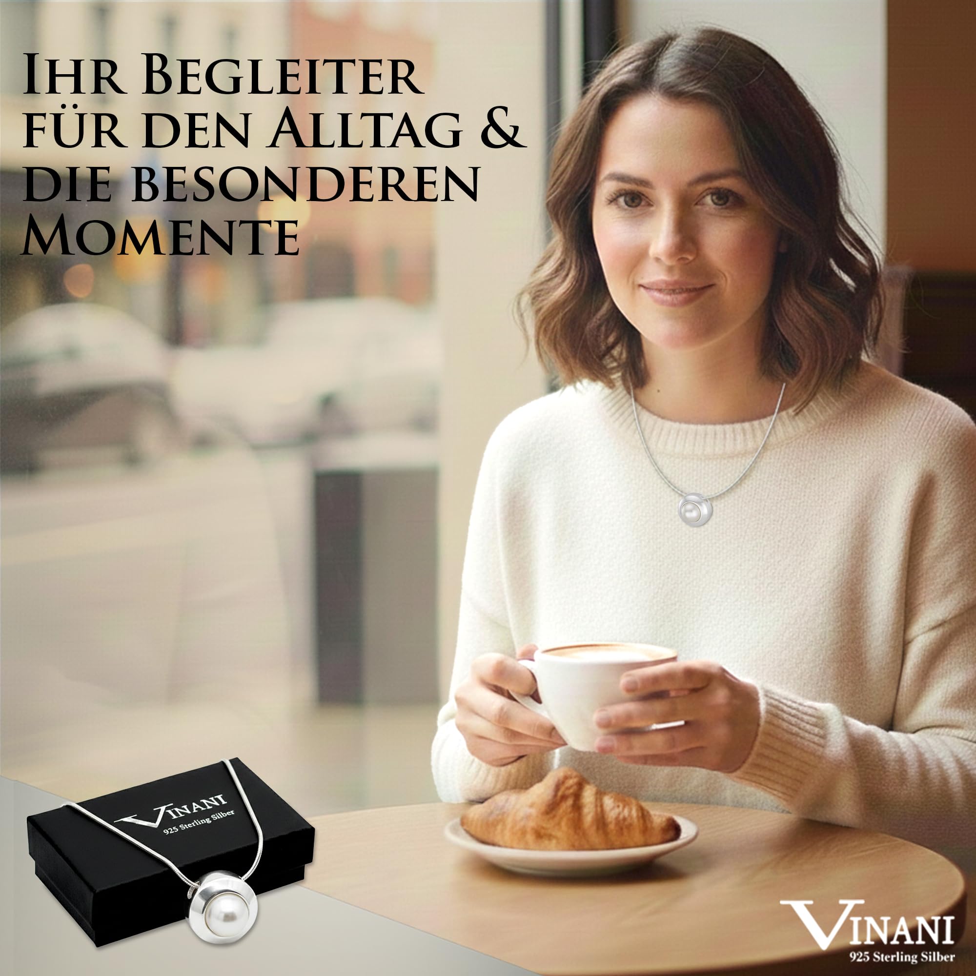 Vinani Damen Halskette & Anhänger aus 925 Sterling Silber – Schlangenkette mit Perlen-Anhänger im Knopf-Design, glänzend, Silberschmuck für Frauen, Halsschmuck, Silberkette, APS-S