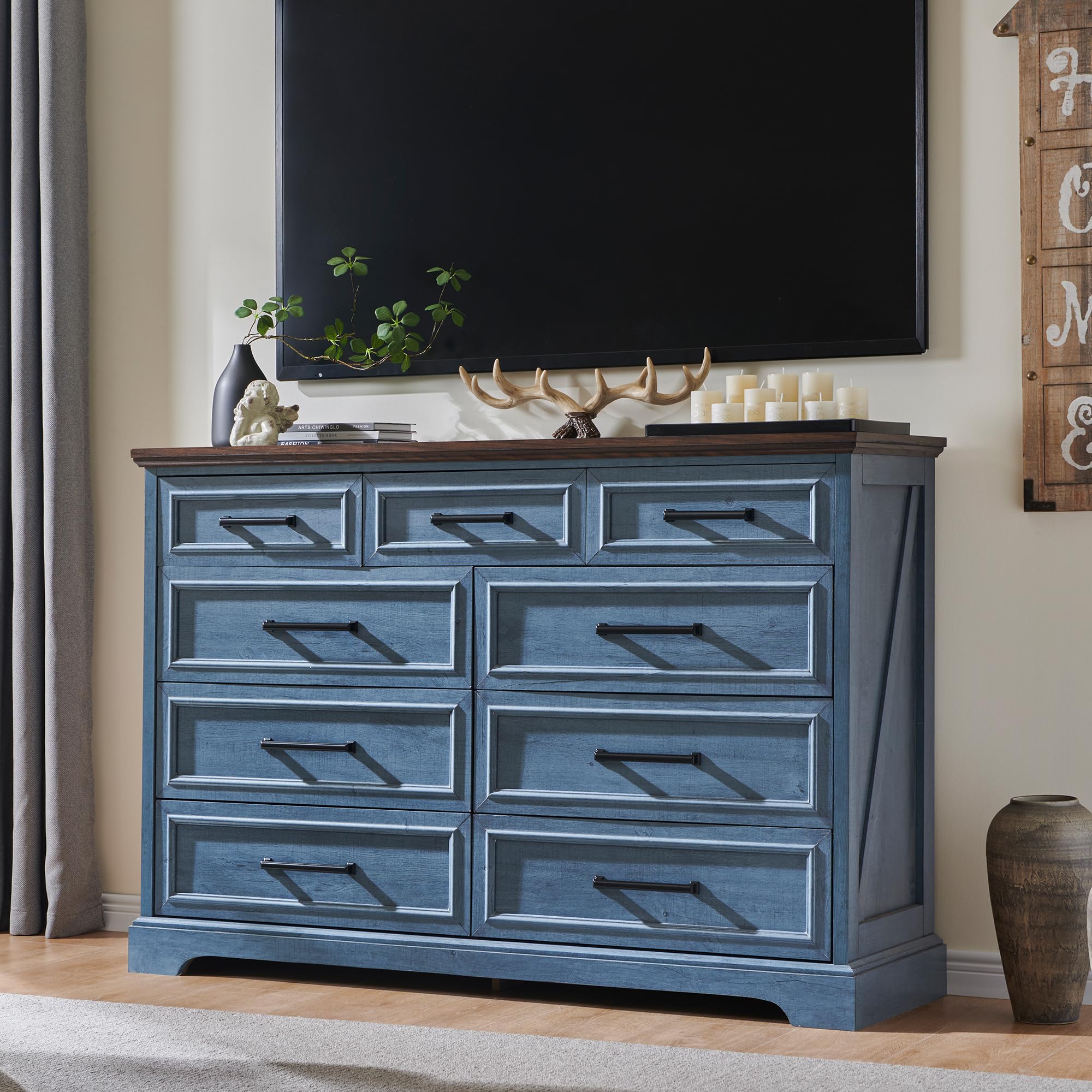 JXQTLINGMU 9 Drawers Dresser for Bedroom, Farmhouse 52'' Wide Dressers & Chests of Drawers w/Roman Column, Large Storage Dressers Organizer for Bedroom Hallway, Off White