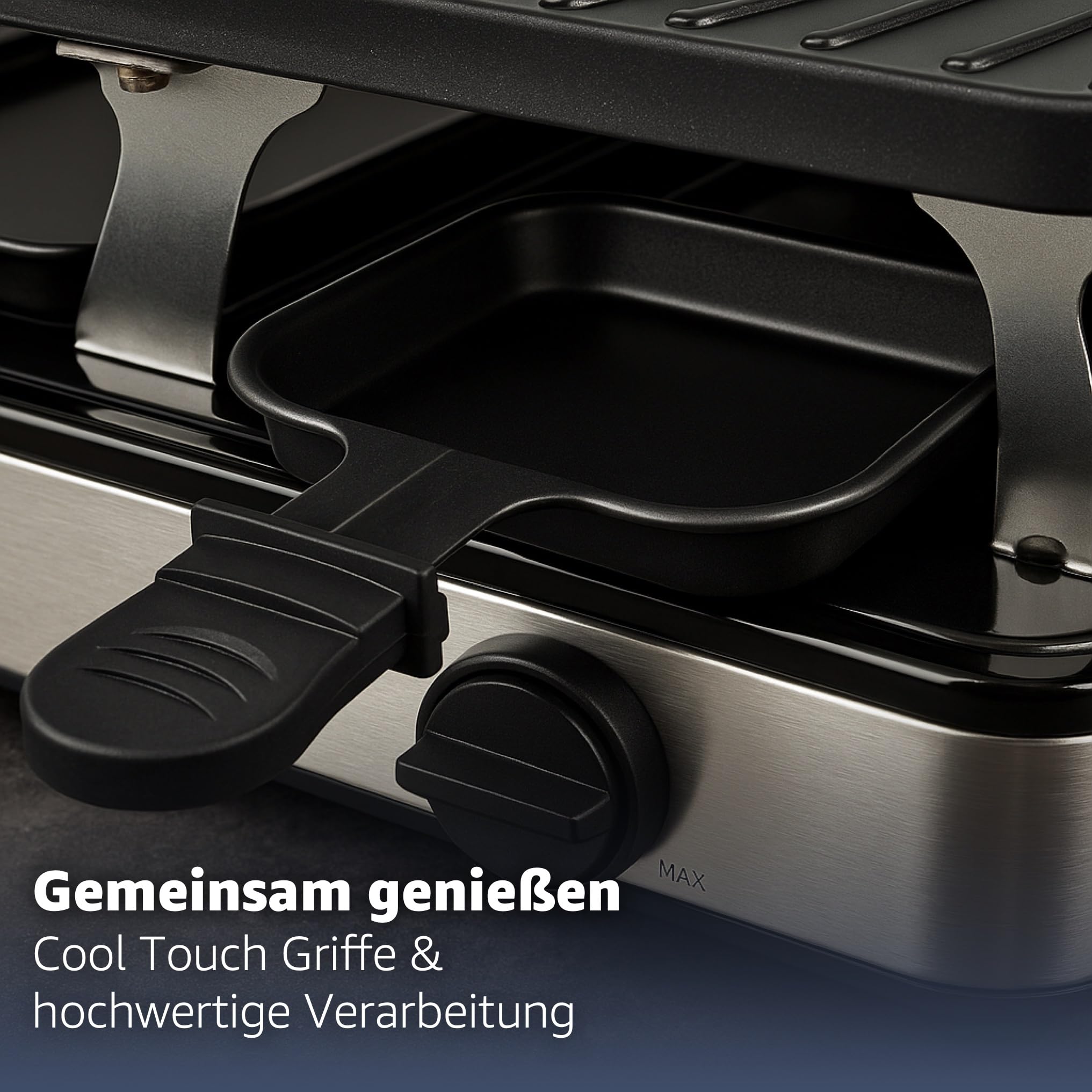 Raclette zestaw dla 8 osób – z grillem stołowym, płytą grillową i funkcją kamiennej płyty – w zestawie patelnia i skrobak – narożny (Okrągły)