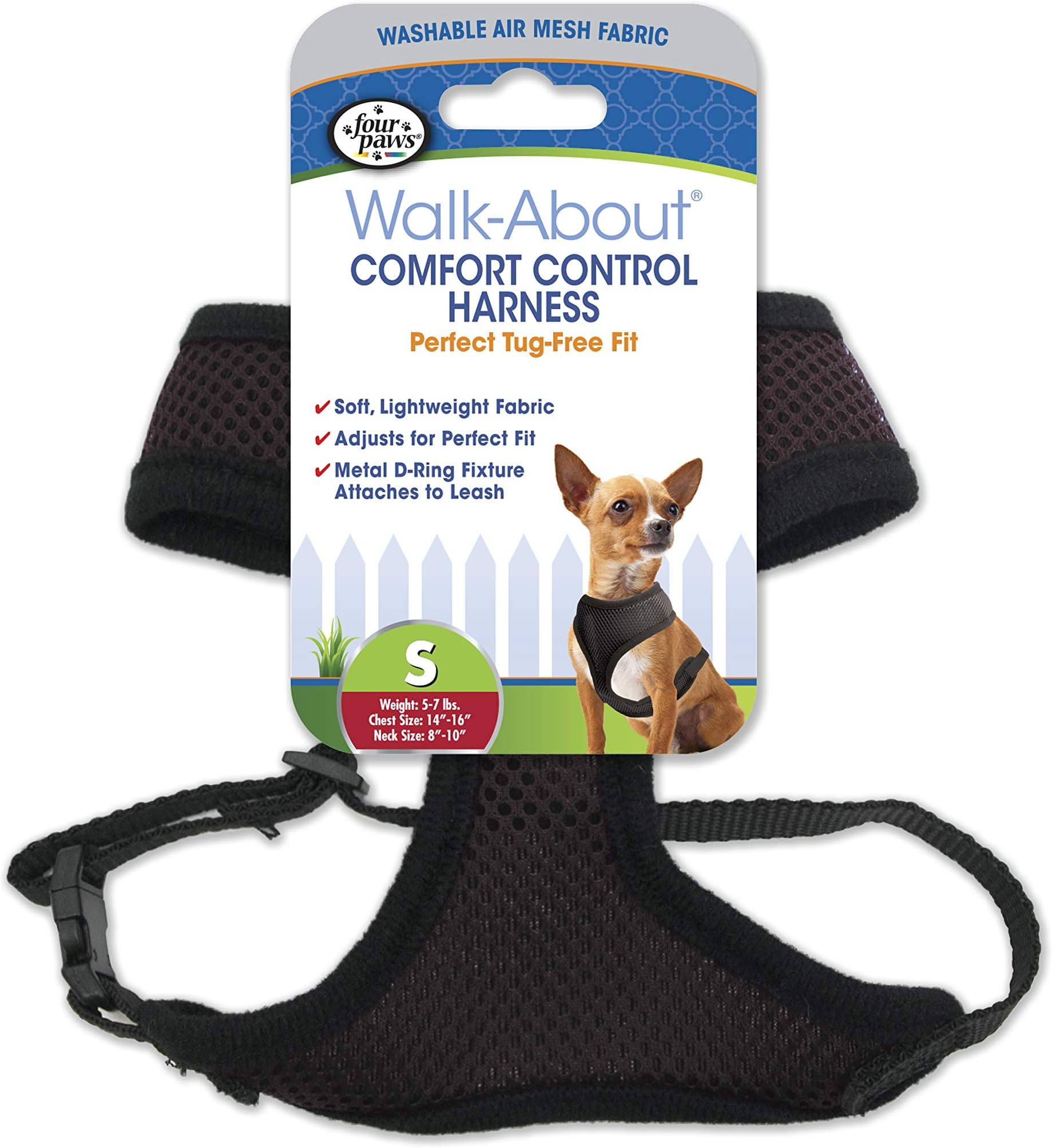 Four PawsWalk-About Comfort Control No-Pull Harness for Dogs, Adjustable Soft Padded Breathable Air Mesh Dog Vest for Walking, Black, Small