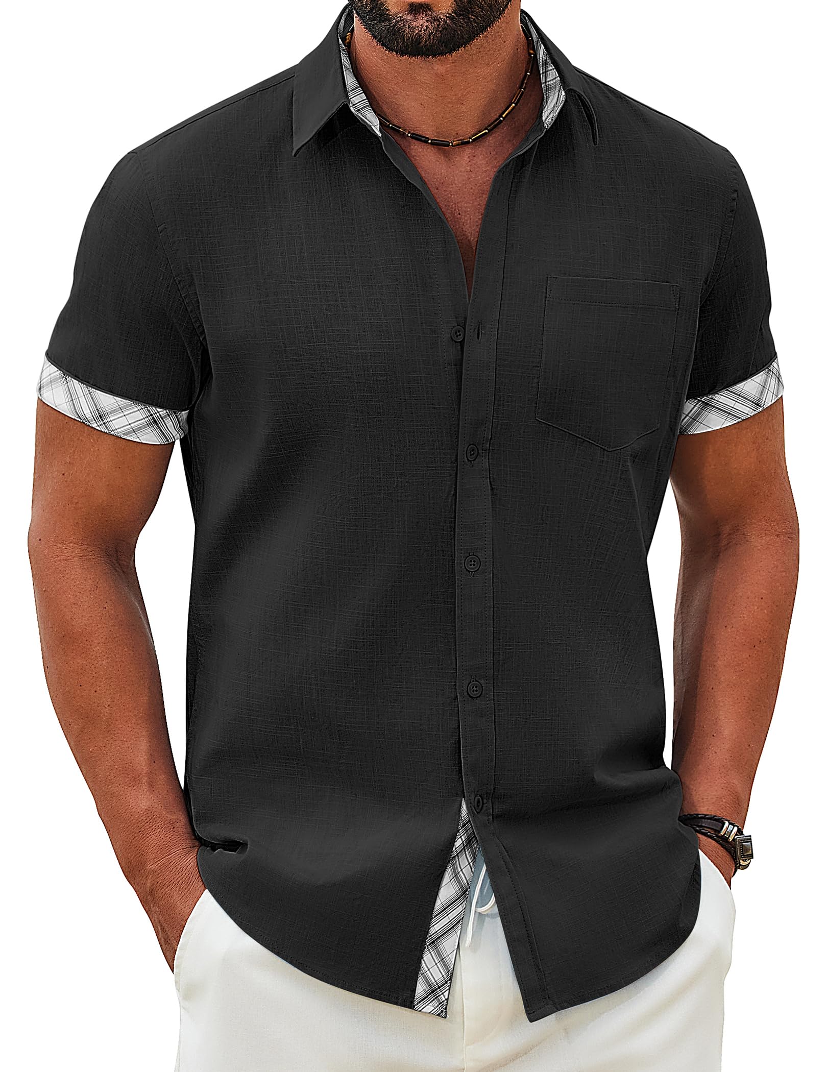 COOFANDY Hemd Herren Kurzarm 100% Baumwolle Freizeithemd Sommerhemd Casual | Kurzarmhemd, Button Down, mit Brusttasche, Kontrastdetail, Strand, Regular Fit, Urlaub