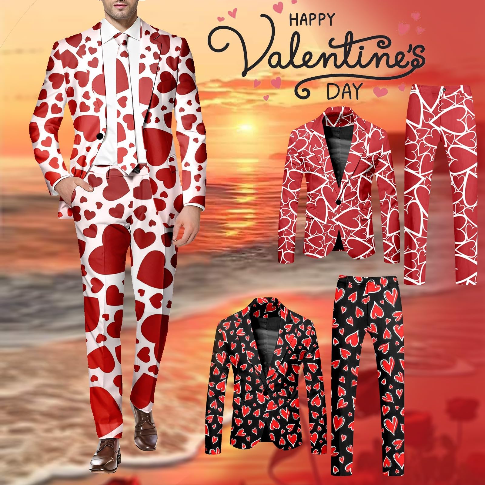Herren-Valentinstag Anzug, Herz-Print, Hose, Anzug, 2-teiliger Slim Fit Herrenanzug Lustige Party Kostüm 2-teilig, für Valentinstag, Elegante Blazer Sakko und Anzug Hose für Dating