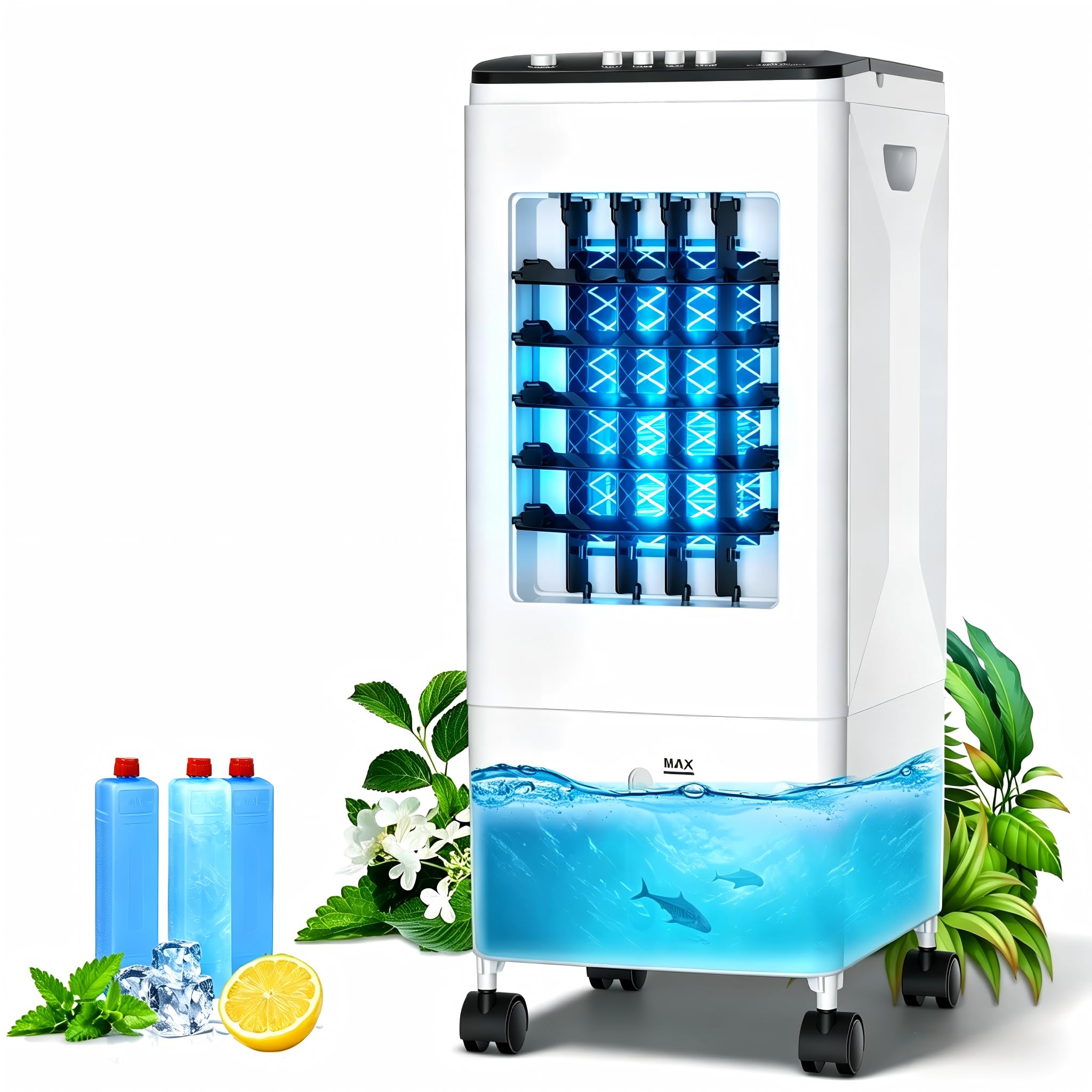 Portable Air Conditioner, 【2026 4-in-1 Evaporative Air Cooler Fan】, 60W Space-Saving Design, 6L Water Tank, 3 Ice Packs, 60° Oscillation, 46dB Quiet, Pet-Friendly Cooling for Home & Office