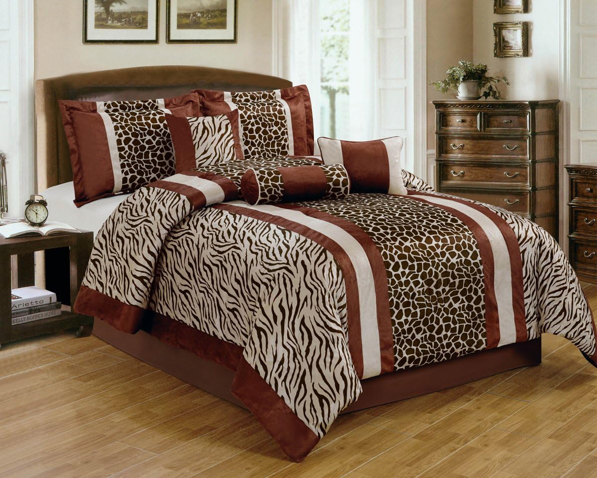 7 Piece Safari - Zebra - Giraffe Print Brown Micro Fur Comforter Set, Bed in Bag, Queen/King (Queen)