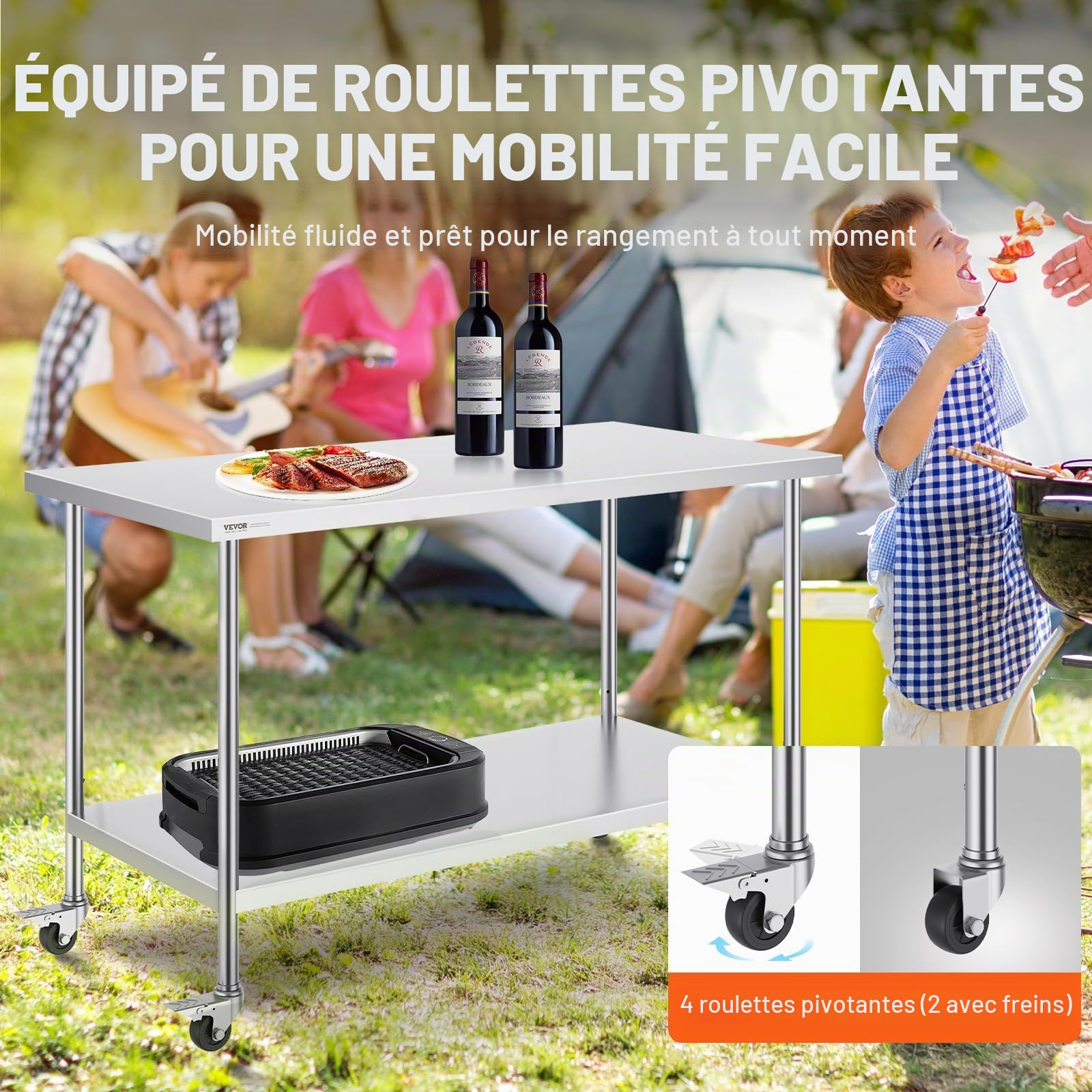 VEVOR Table de Travail en Acier Inoxydable 76,2x152,4x95,5 cm, Table de Préparation des Aliments avec roulettes, 3 Niveaux de Hauteur Réglables, Meuble de Rangement, pour Restaurant Maison Bar