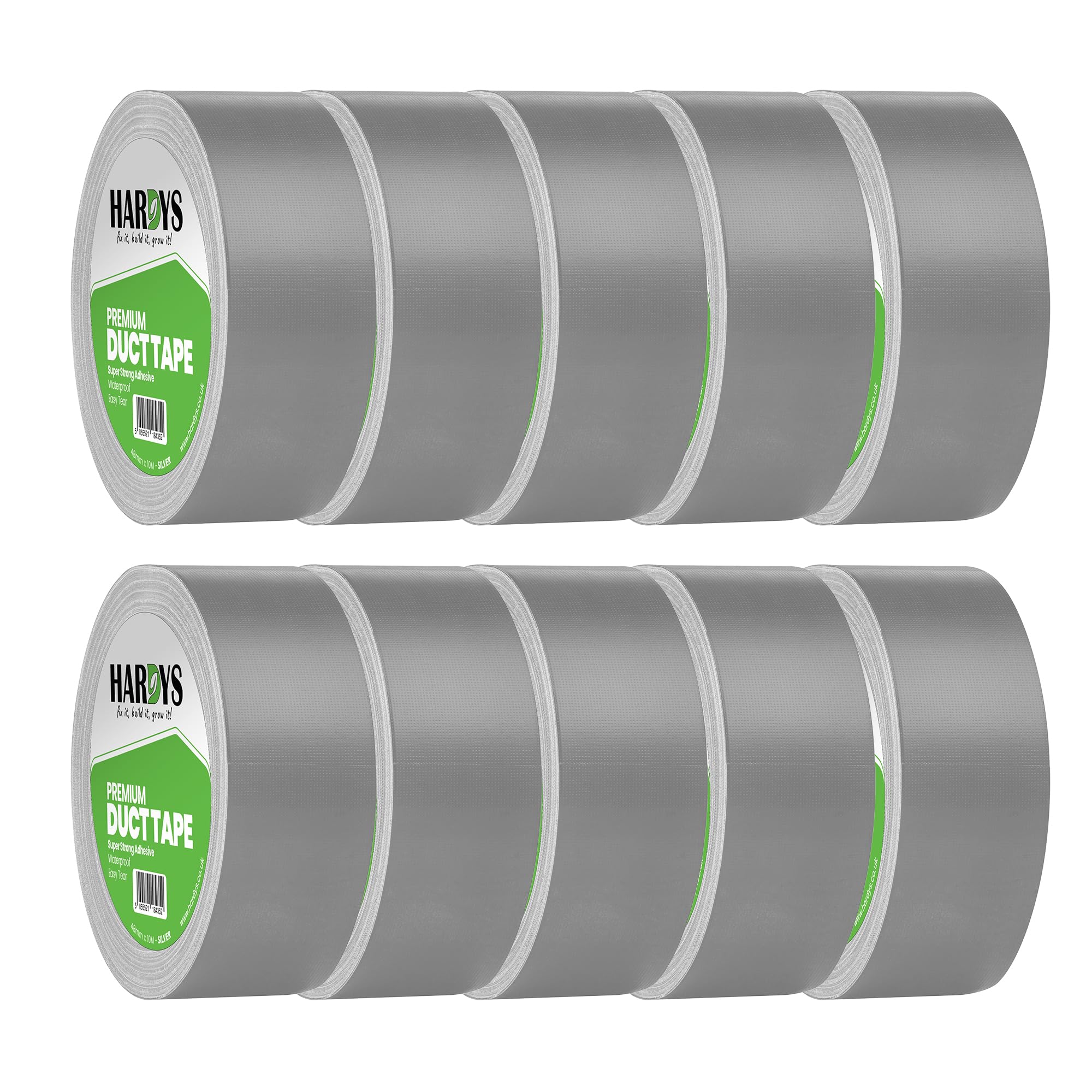 Hardys Silver Duct Tape, 48mm x 50m (Pack of 10) | Waterproof Gaffer Tape for Electrical, Plumbing, Indoor & Outdoor Use | 220um Heavy Duty Thickness, Extra-Strong Adhesive