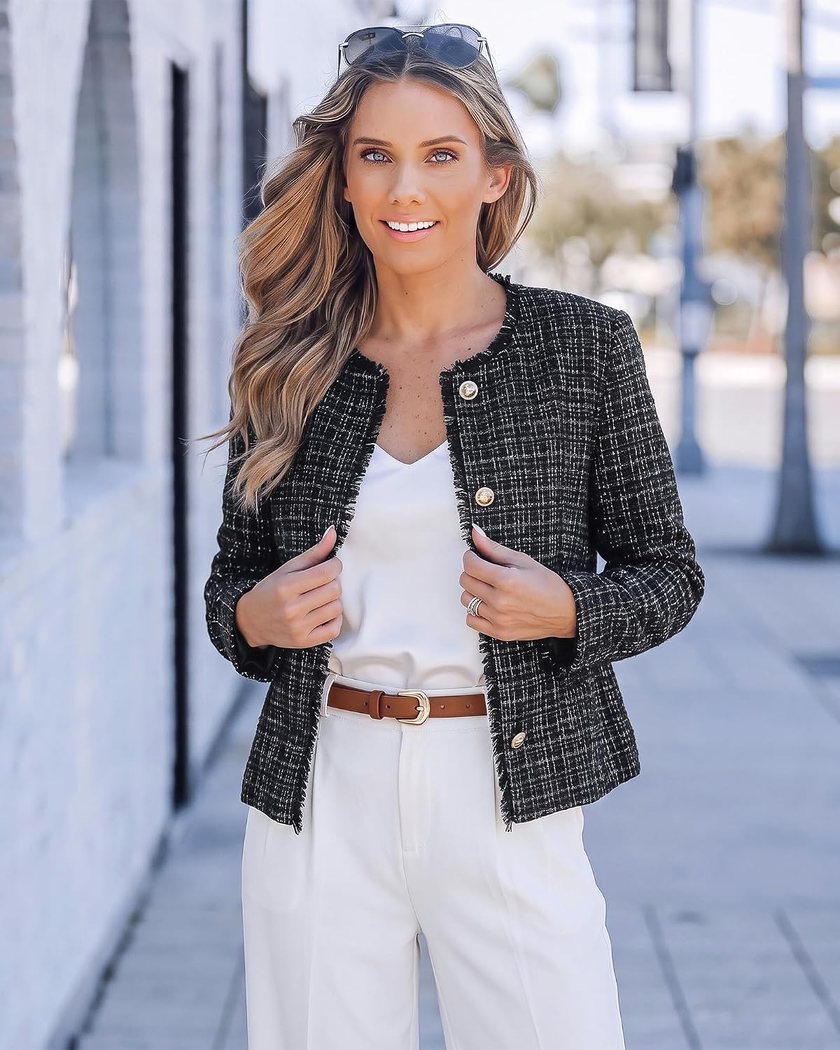 GRAPENT Tweed Blazers for Women Dressy Casual Collarless Work Suit Jackets