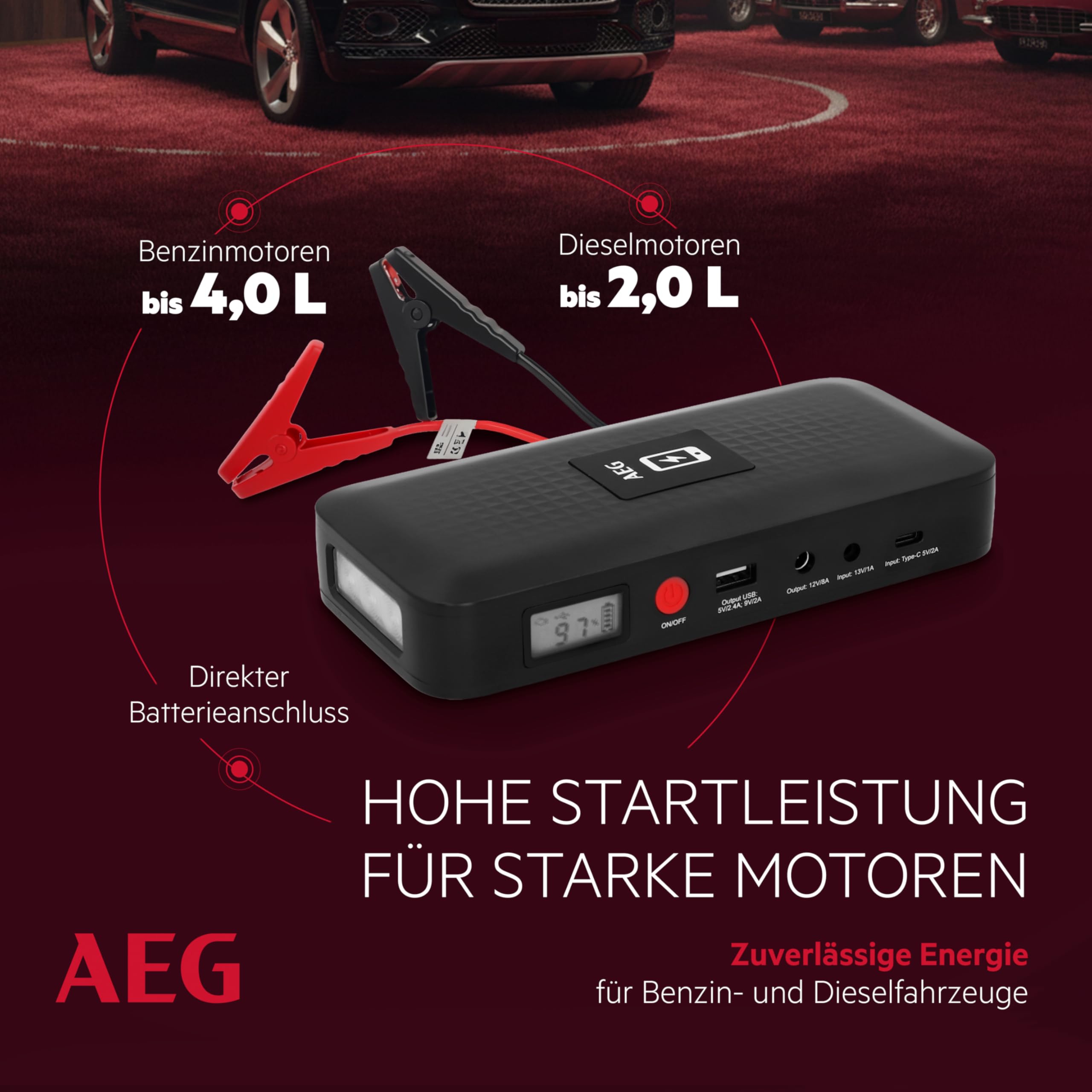 AEG Jumpstarter JS15, Auto Starthilfe, Powerbank für kabelloses Laden, mit integrierter LED-Lampe, mit Li-Ion-Akku, 400A/1500A, schwarz
