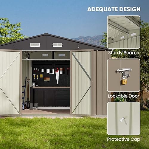 Vista 86 de Patiowell - Cobertizo de almacenamiento de 10 x 12 pies para herramientas, de metal y con puertas con cerradura, para exteriores, jardín, patio Gris