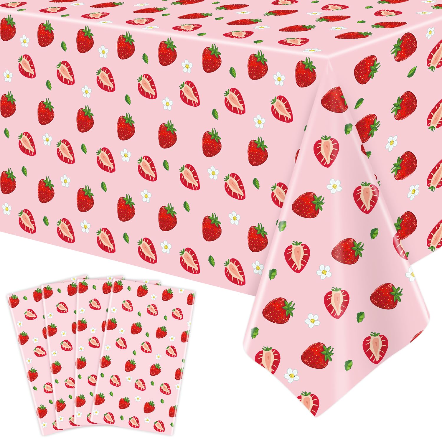 TJYJOY 4 Pack Pink Strawberry Tablecloth Strawberry Table Clothes Berry Tablecloth Berry Table Covers Fruit Birthday Party Table Cover for Summer