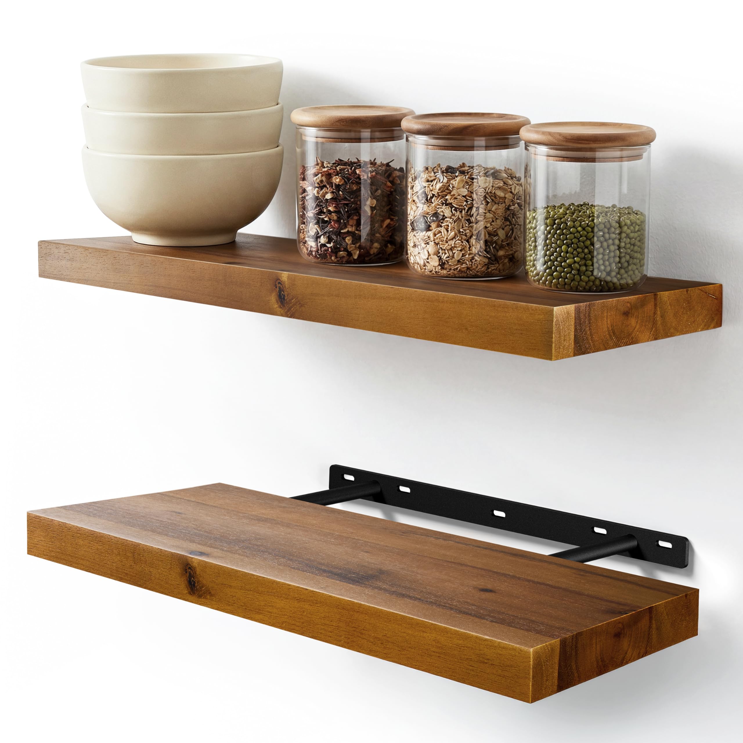 BATODA Set of 2 17" Acacia Wood Floating Shelves Wall Mounted – Rustic Farmhouse Wooden Wall Storage Shelf for Bedroom, Kitchen, Home Décor - Brackets and Shelving Mounting Hardware Included-image-48