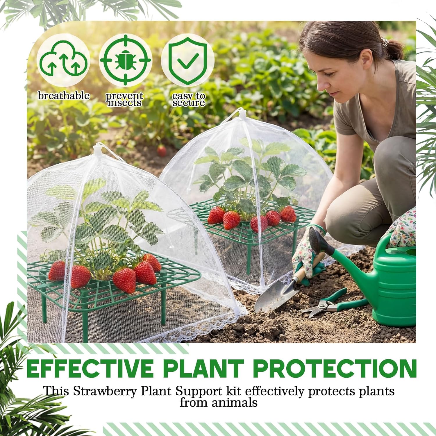 12 Sets Square Strawberry Plant Support with Mesh Plant Cover, Strawberry Growing Kit with Iron Nails for Garden Vegetables Keep Berries Clean