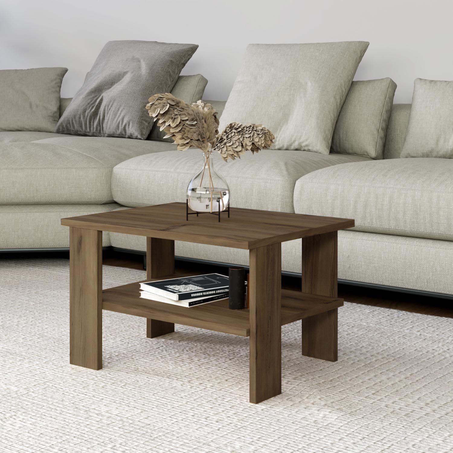 Rustic Antique Walnut Coffee Table, 60 x 37 x 45 cm, 100% Melamine Coated Particle Board, 18 mm Thick, Wall-Mountable with Multiple Shelves