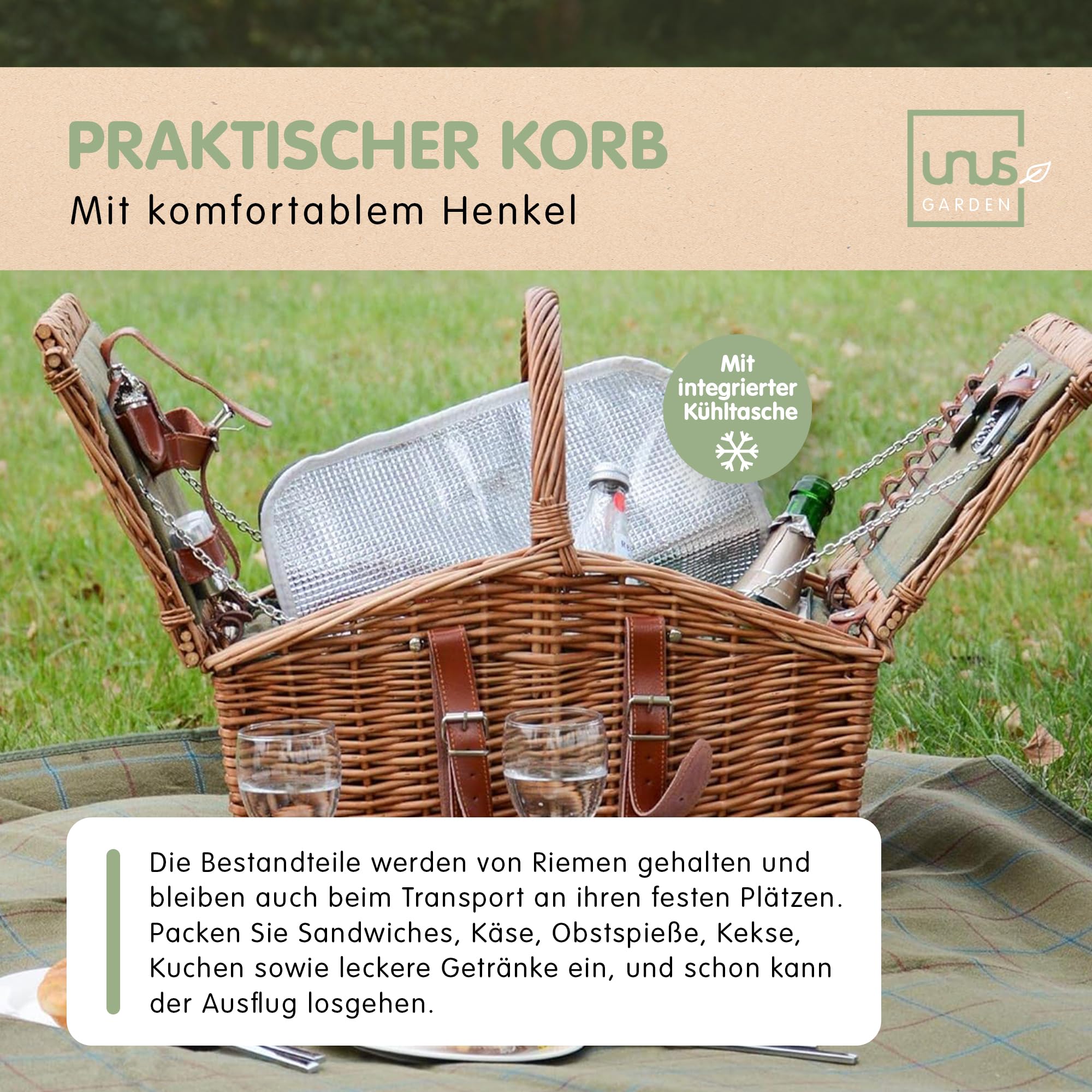 UNUS Picknick Set 2 Personen mit Picknickkorb mit integrierter Kühltasche, Picknickdecke 135x115 cm, Besteck und Geschirr, Korb in Natur, Decke in Grün