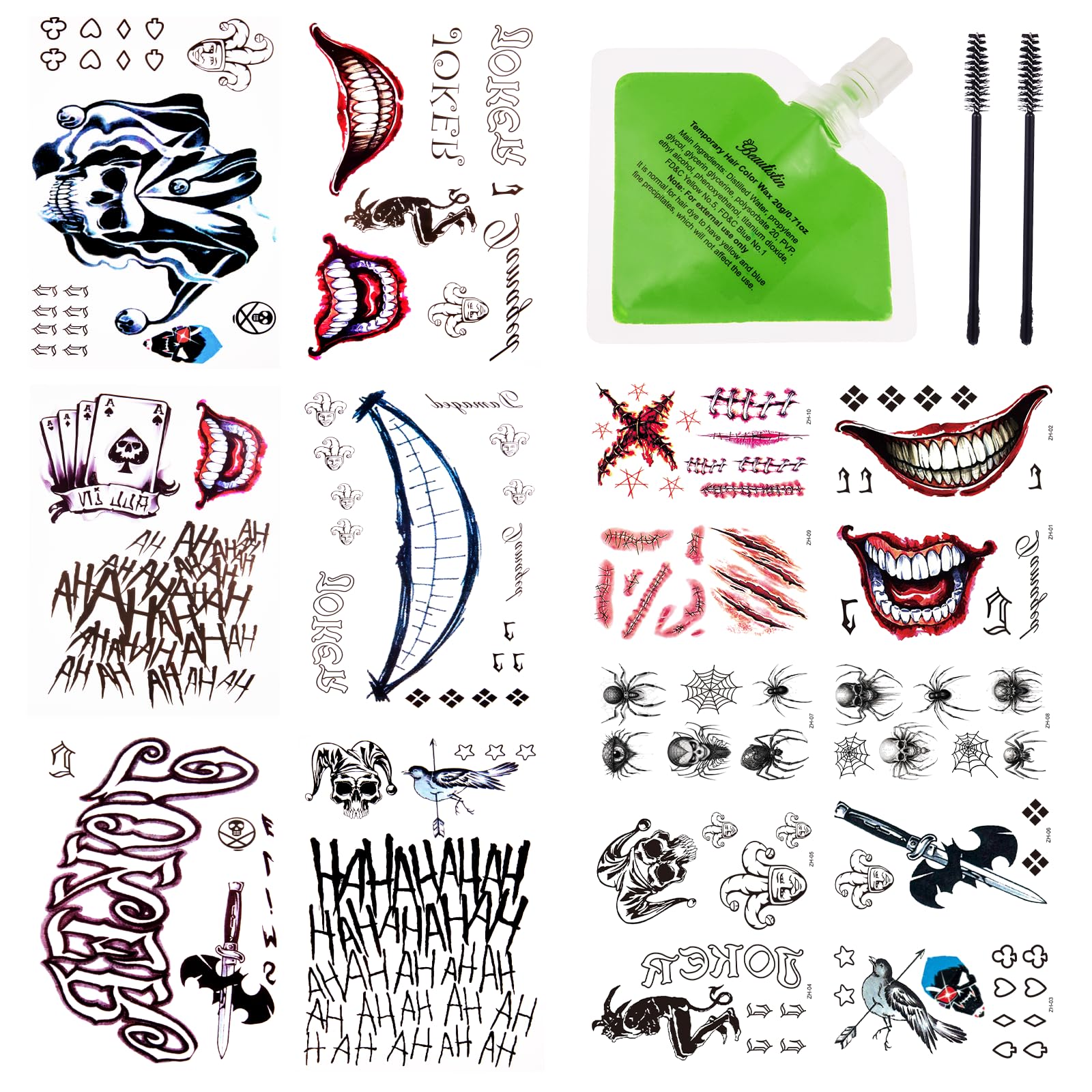 Joker Temporary Tattoos and Hair Color - 16 Sheets Joker Fake Tattoos and 20g Temporary Green Hair Color Wax Set for Halloween, Parties and Cosplay, 2 Black Eyebrow Brushes