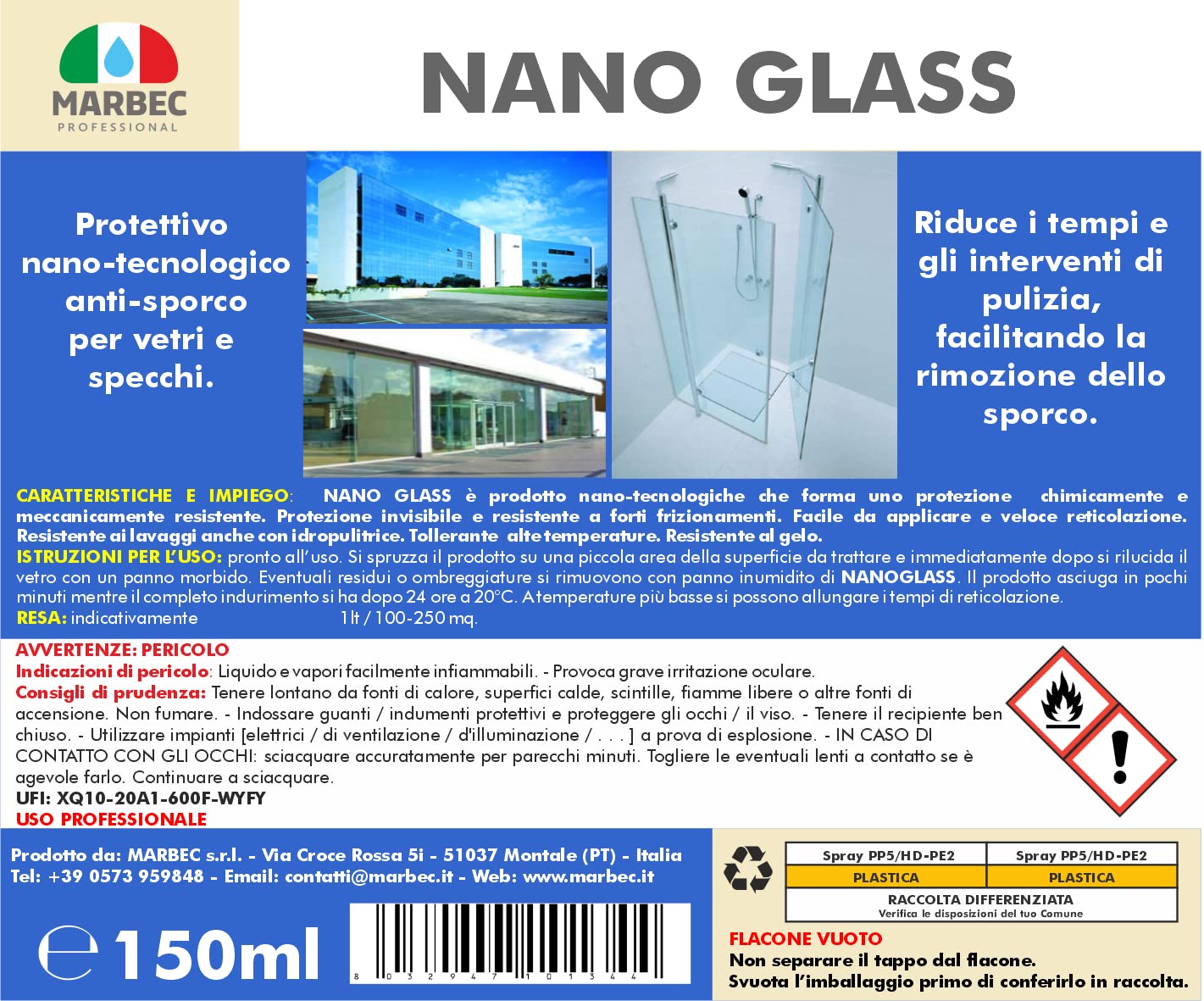 MARBEC NANO GLASS 150ML Protettivo nano-tecnologico antisporco per vetri. Facilita la rimozione dello sporco senza necessità di frizionare.