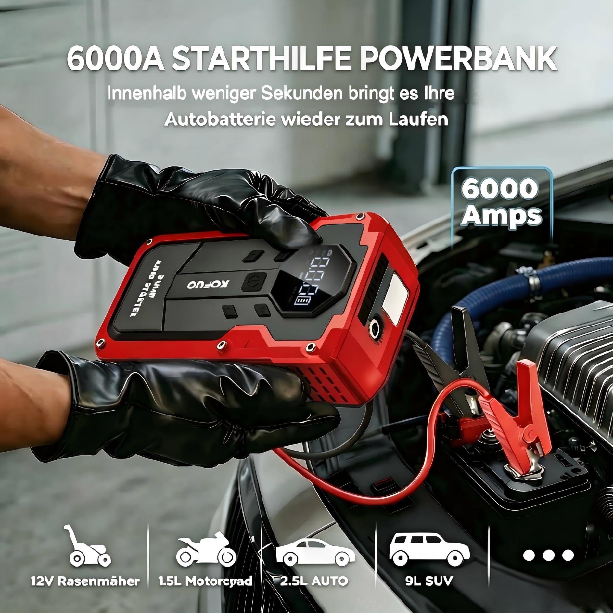 6000A Starthilfe Powerbank mit Kompressor für 8L Benzin & 6.5L Diesel (Rot) | 8000mAh Starthilfe Auto für 12V Auto,Wohnmobil, Motorrad&Rasenmähertraktor, Komplettes Zubehörset,3 USB-Ladeanschluss