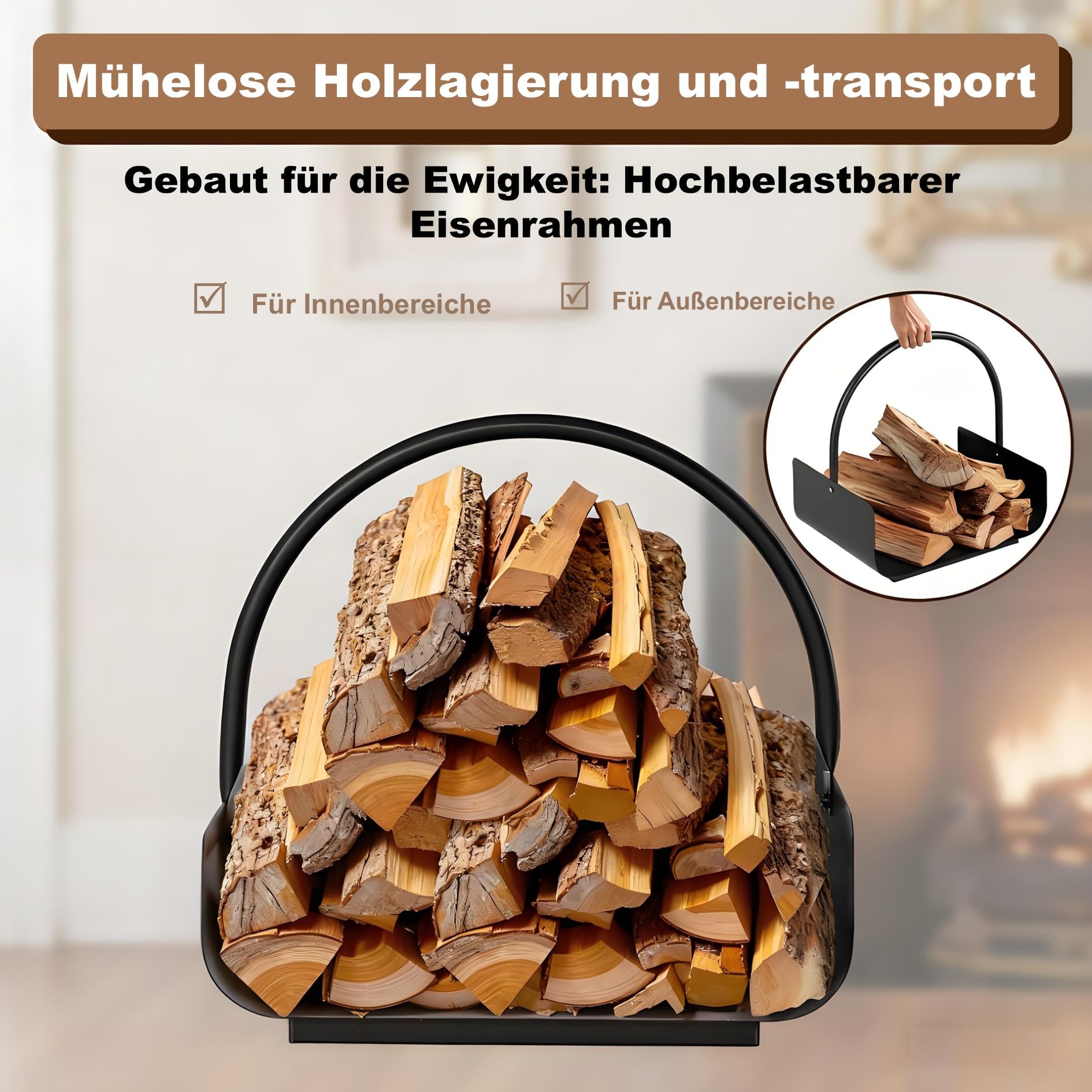 Amagabeli Holzkorb Kaminholz 40 x 30 x 40cm Kaminholzkorb Brennholzkorb Metall Feuerholzkorb Holzwiege Kamin aus Stahl mit Henkel Tragekorb für Holz Kaminholz Holztrage für Holzofen Kaminholzschale
