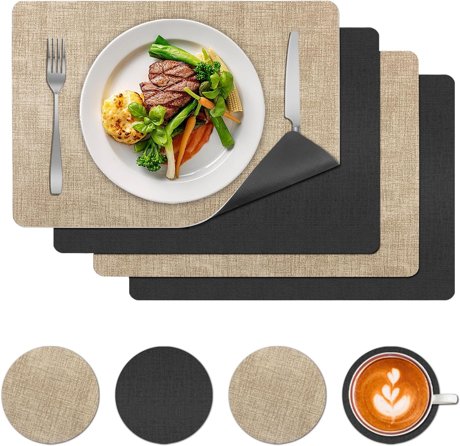 NAJILI Washable Placemats, Set of 4 Faux Leather Placemats and Coasters, Wipe Clean Double-Sided Place Mats, Waterproof Tablemats for Home, Kitchen, Dining Table, Restaurant, Party (Brown, Black)