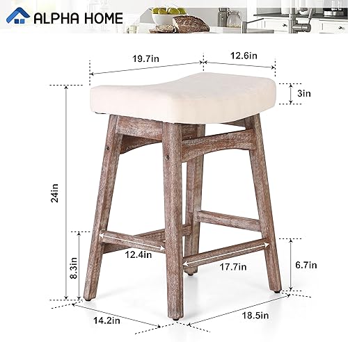 Miniatura 2 de ALPHA HOME Juego de 3 taburetes de bar, taburetes de cocina de madera maciza con cojín de tela de lino beige, taburetes de bar de altura de