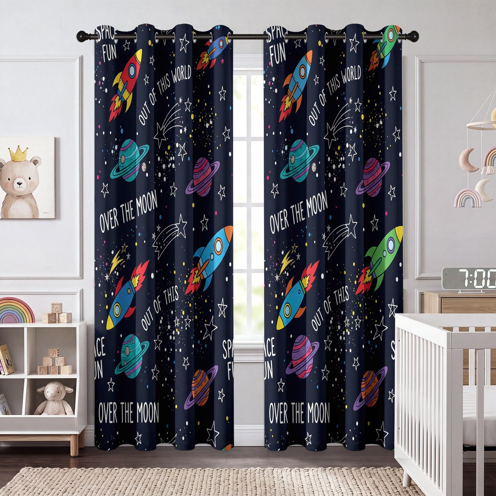 Rideaux pour Enfants 75L X 166H cm (2 Panneaux), Rideaux Isolant Thermique Motif Étoile Fusée Planète, Décoration de Espace Animé pour Chambre d'enfant Garçon Adolescent Salon Fenetre, Bleu Foncé
