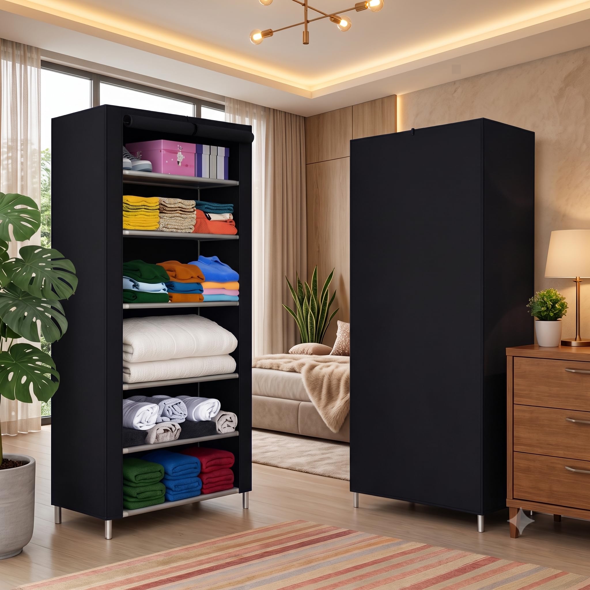 Ulif Multipurpose 𝗖𝗼𝗹𝗹𝗮𝗽𝘀𝗶𝗯𝗹𝗲 𝗪𝗮𝗿𝗱𝗿𝗼𝗯𝗲 Cabinet | 𝗙𝗼𝗹𝗱𝗮𝗯𝗹𝗲Fabric Organizer with 𝟲 𝗦𝗵𝗲𝗹𝘃𝗲𝘀 | Portable Clothes 𝗦𝘁𝗼𝗿𝗮𝗴𝗲 𝗥𝗮𝗰𝗸 for Bedroom (BLACK)-image-45
