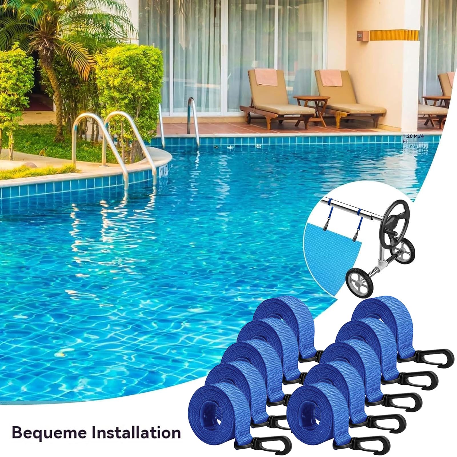 Fixation pour Bâche Solaire de Piscine,10 Pièces Kit de Sangles de Couverture Solaire,Enrouleur de Couverture Solaire,Sangles de Fixation,Pinces,pour Couvertures de Bâches de Piscine