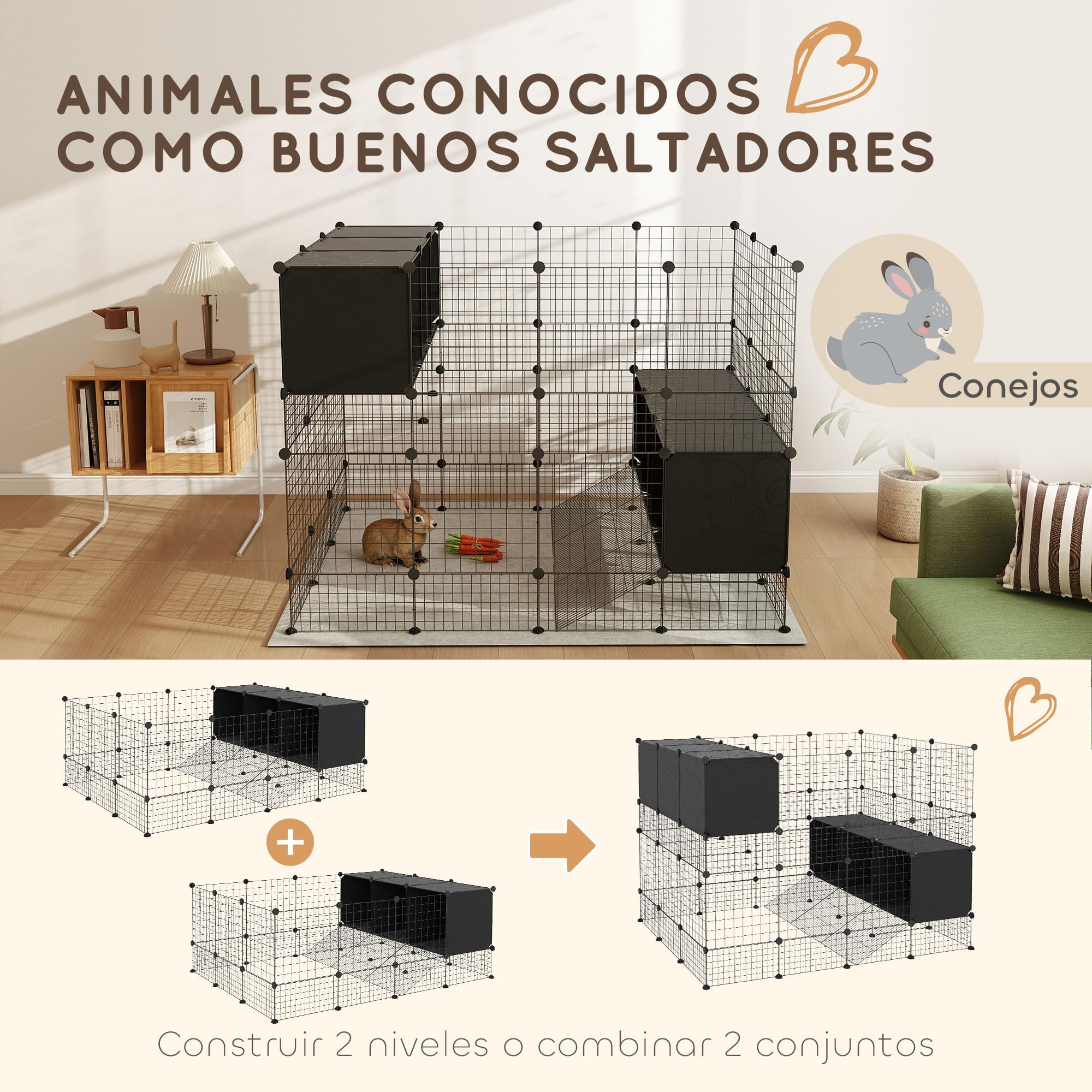 PawHut Valla para Mascotas de Bricolaje con 39 Paneles y 3 Nidos Parque para Conejos Recinto para Conejos para Cobayas, Conejos y Erizos Negro