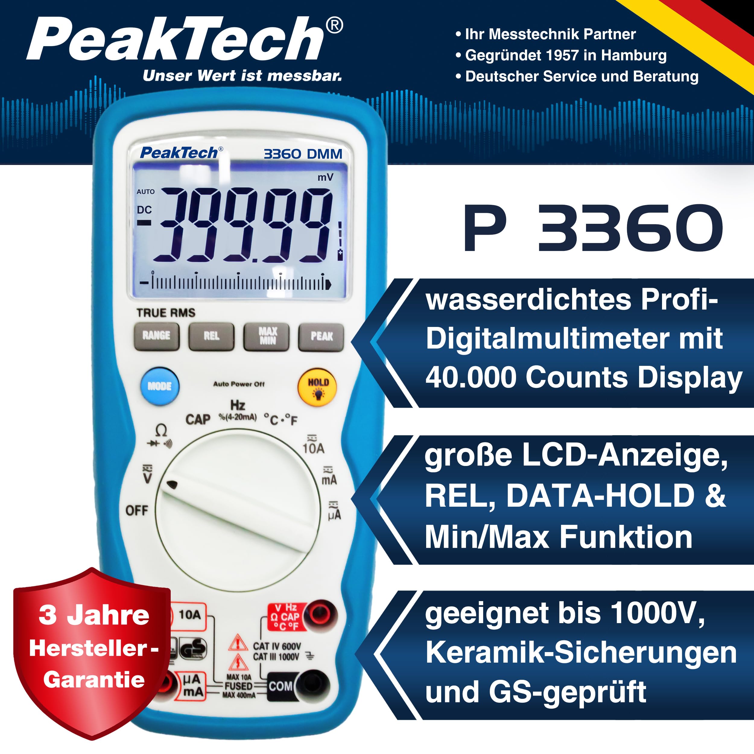 PeakTech P 3360 - True RMS Multimeter Digital - (IP67) Wasserdichter Spannungsprüfer & Strommessgerät - 40000 Counts - Extrem Robustes Gehäuse mit TÜV/GS - Messgerät, Durchgangsprüfer - CAT III 1000 V