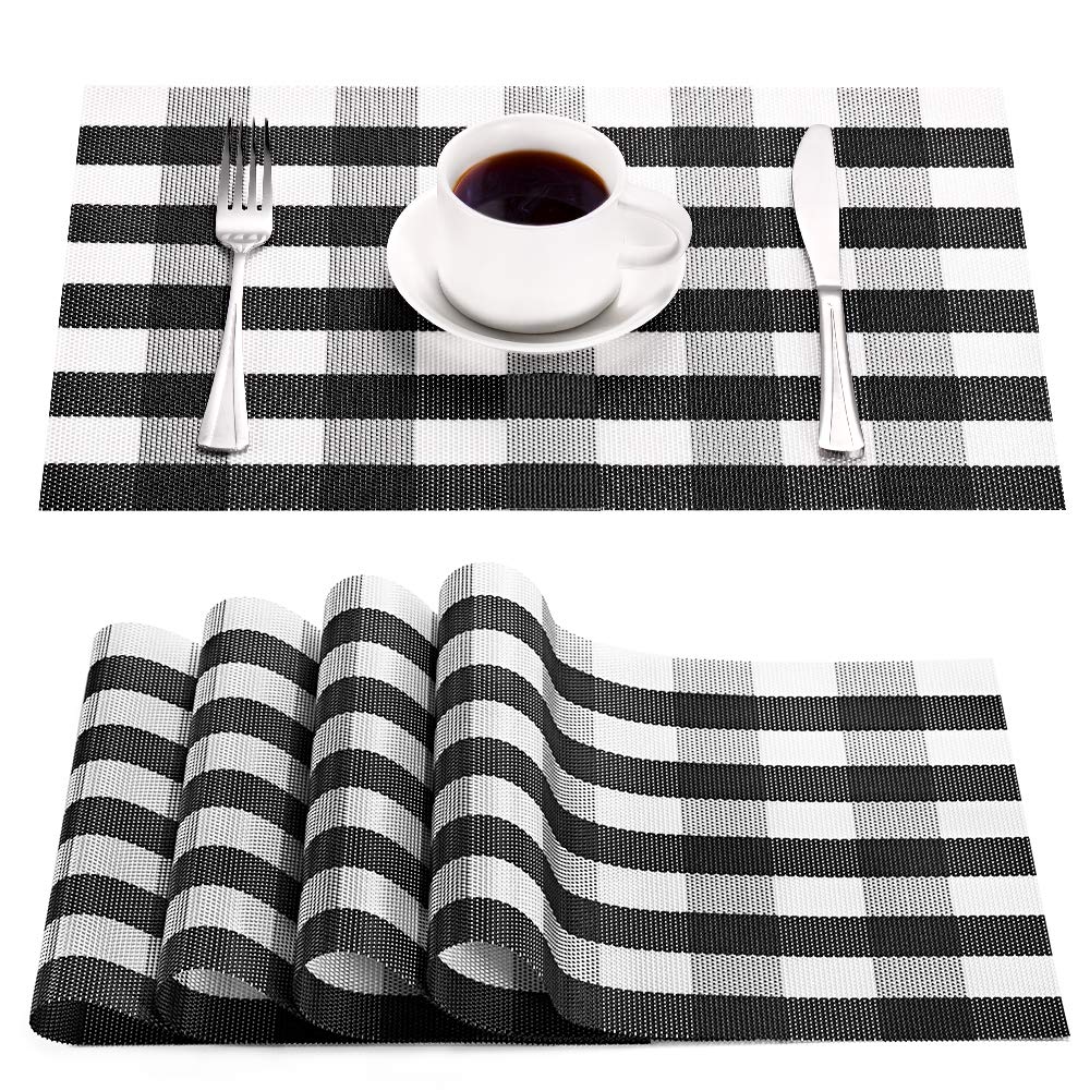 Syntus Placemats, Black and White PVC Woven Vinyl Buffalo Check Table Mats Washable Non-Slip Heat Resistant for Kitchen Dinning Table Thanksgiving & Christmas, Set of 4