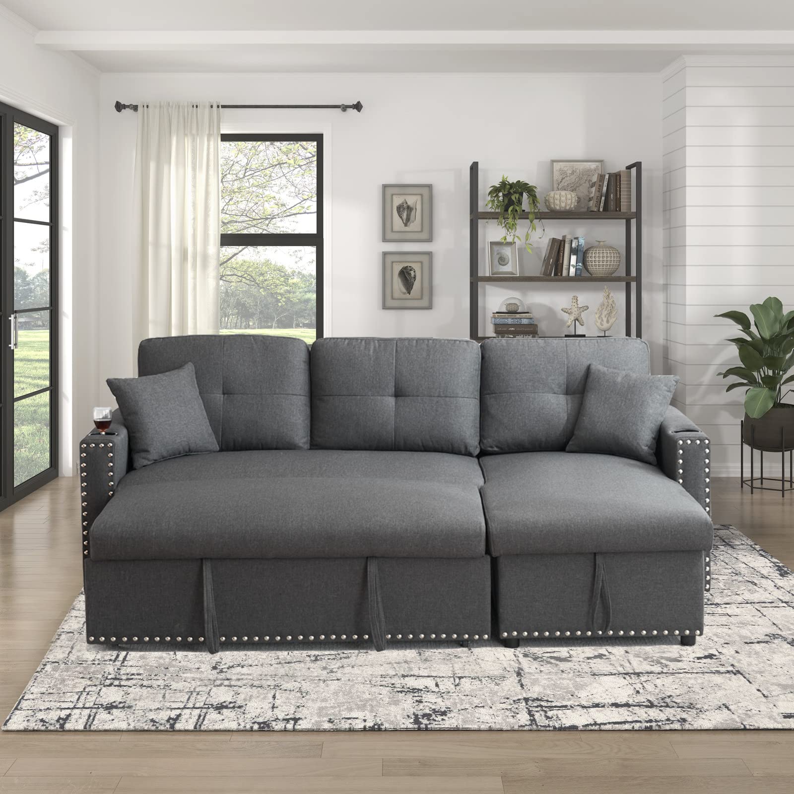 Sleeper Sofa Bed Couch 3 Seater Modular Sectional Sofa Sleeper Pull Out Couch for Livnig Room Modern L Shaped Sleeper Sectional with Storage & Cup Holders, Grey, F4777LIST ( chaise only)