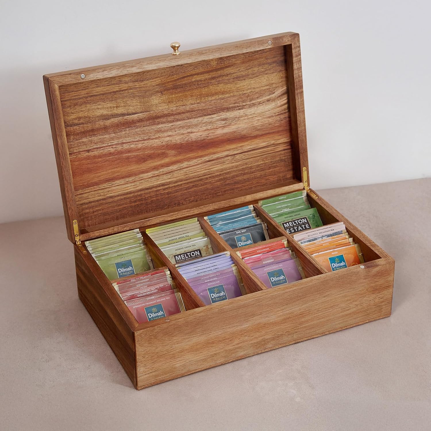 SARUFO Acacia Wood Tea Bag Organizers, Tea Packet Storage Boxes, 8-Compartment Tea Caddy for Tea Bags Chest, Teabag Holder Containers, Teabox Station Display