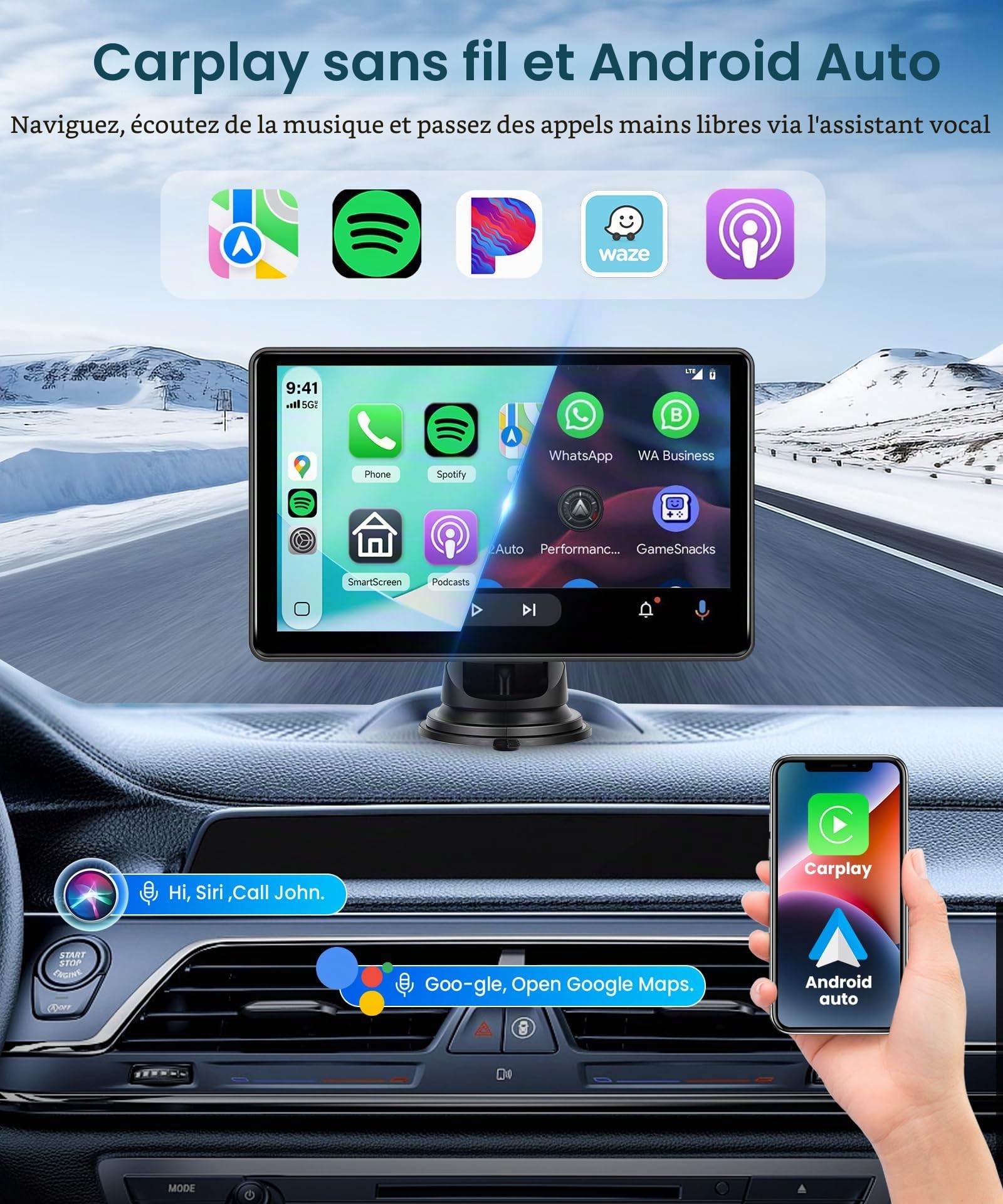 Podofo Autoradio Carplay et Android Auto sans Fil，Ecran Tactile HD Portable 7 Pouces Voiture Stéréo avec Bluetooth, Transmission FM, Airplay, Mirror Link