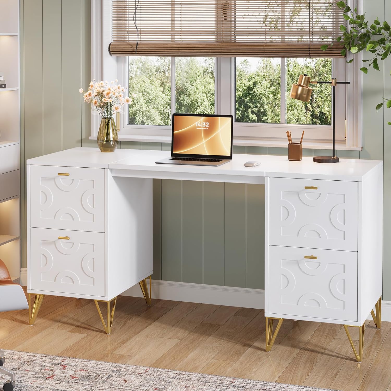Tribesigns White Desk with Drawers, 59'' Modern Office Desk Writing Office Table, Aesthetic Work Study Table with Storage & Gold Legs for Bedroom, Workspace, Living Room