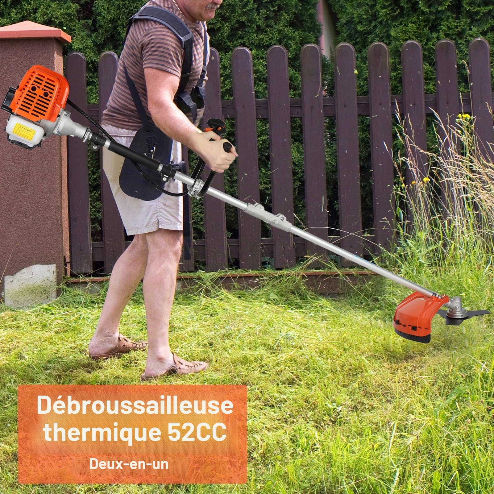 Débroussailleuse, Coupe-Bordure à gaz 52 CC, Tondeuse Thermique 2 en 1, débroussailleuse Temps, désherbeur portatif, poignée Plastique et bandoulière incluses pour Une Utilisation extérie