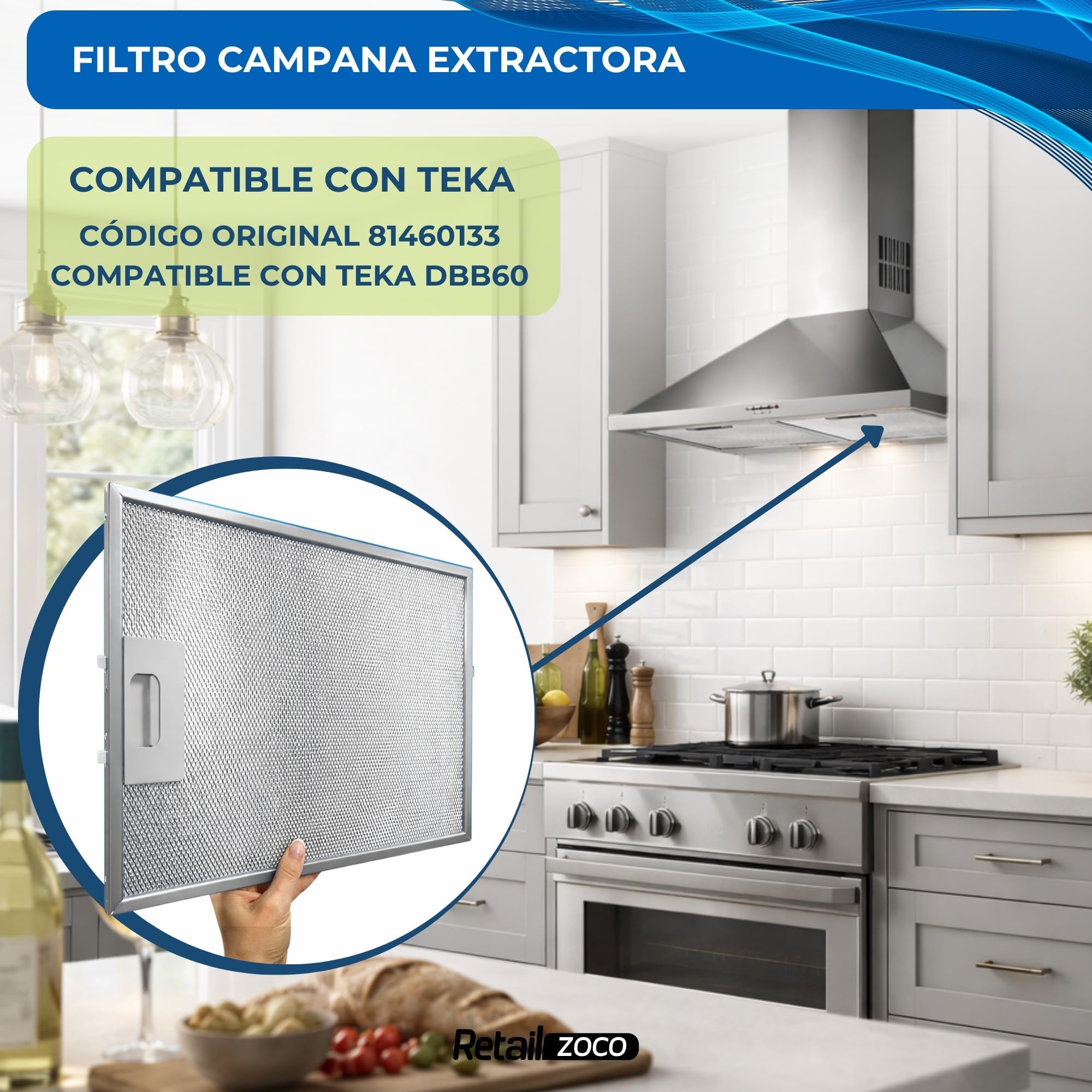 Filtro Campana Extractora compatible con Teka DBB60, Repuesto campana Teka, código original 81460133, Medidas 27.5 cm x 34.4 cm, Contiene 2 unidades de filtro