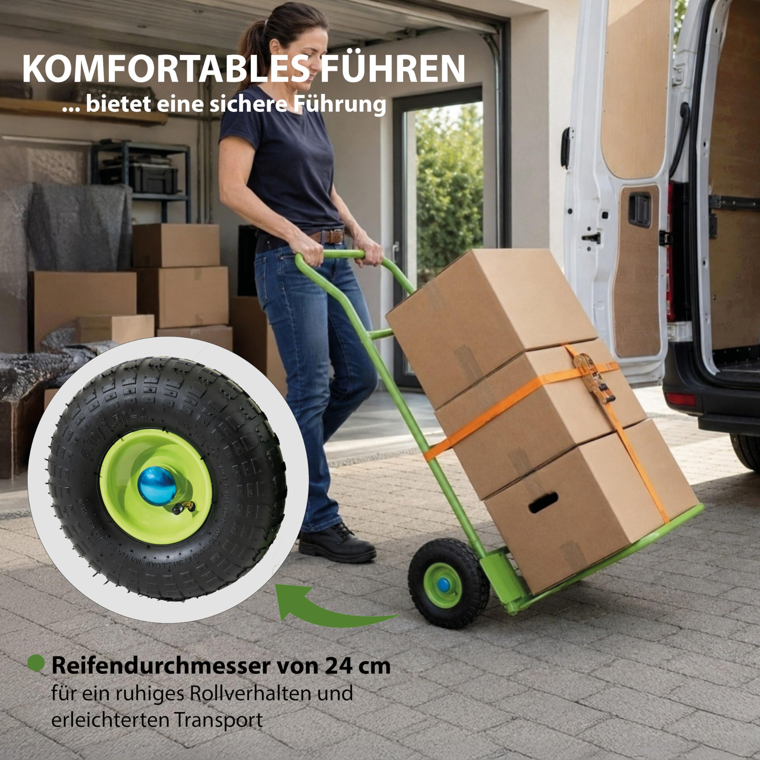 Sackkarre Paketsackkarre mit 2 Plattformen klappbar grün 150 kg Tragkraft 24 cm Reifendurchmesser 49 x 89 x 122 cm Gesamtmaße Transportkarre