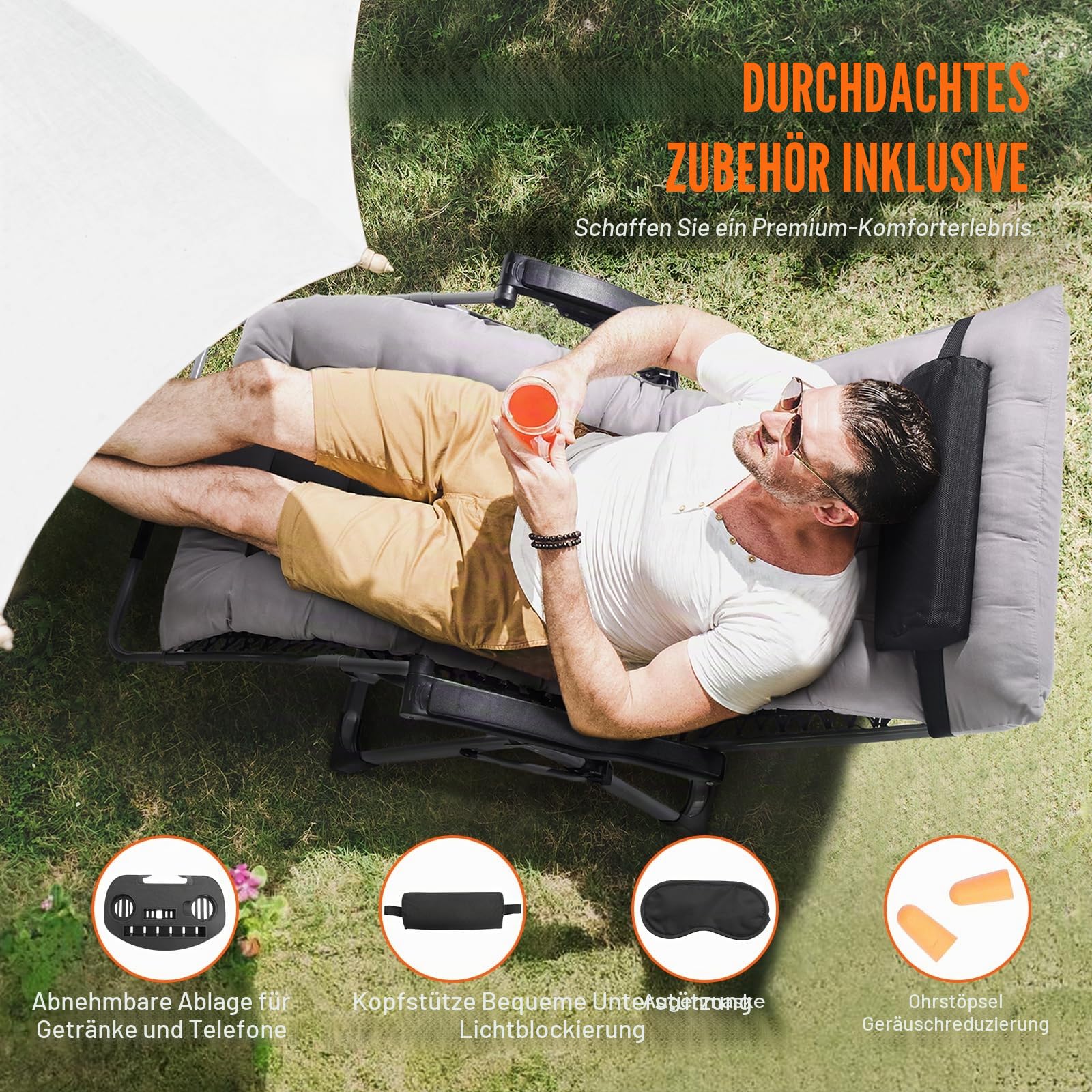 VEVOR Sonnenliege Liegestuhl Klappbar & Wetterfest, Gartenstuhl Belastbar 226,8 kg Verstellbarer Anti-Schwerkraftstuhl mit Kissen, Kopfstütze, Fußstütze, Getränkehalter, 83,82 cm Gartenliege, Grau