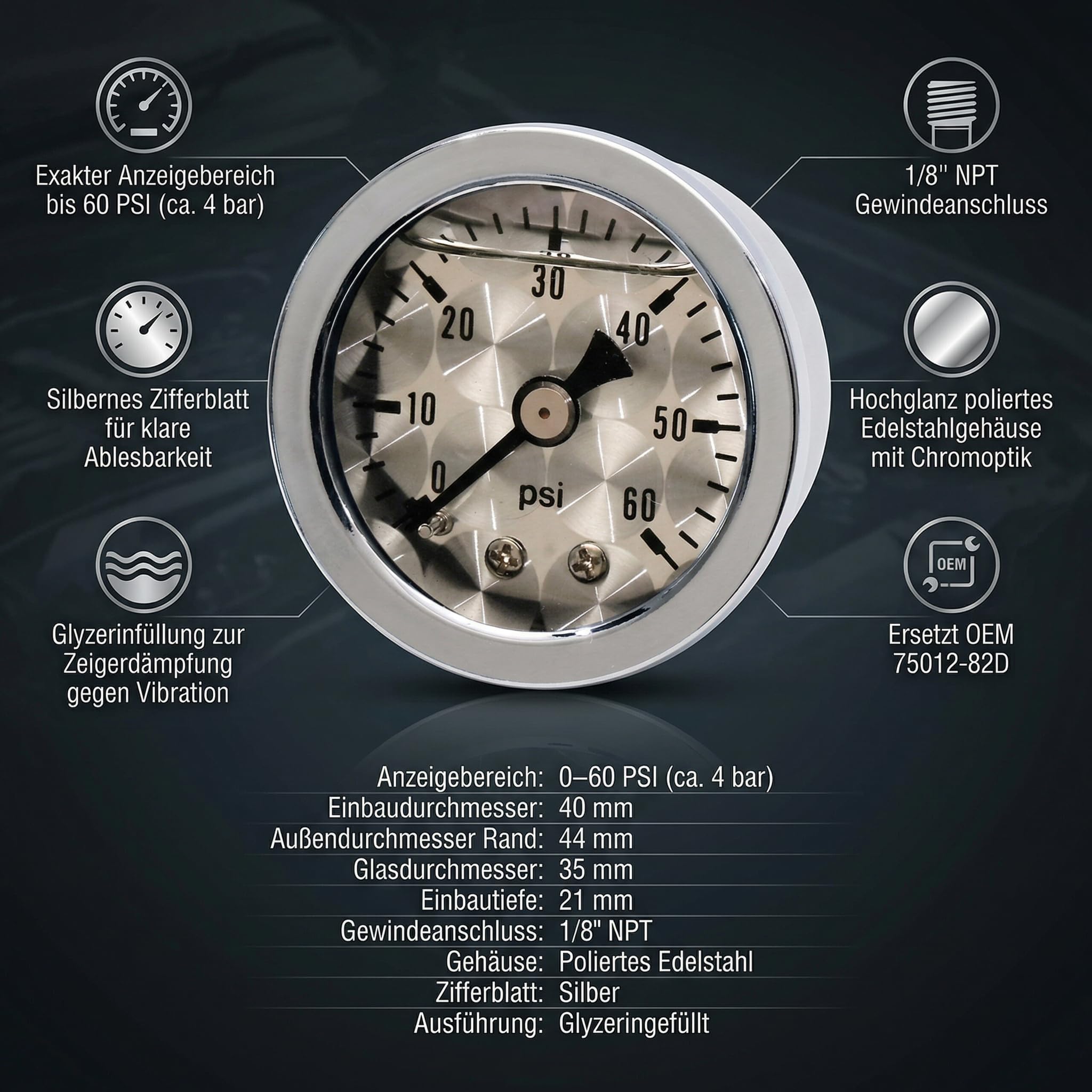 Öldruckmanometer Chrom Silber 60 PSI 4 Bar - Für Harley Motorrad Auto Boot Universal