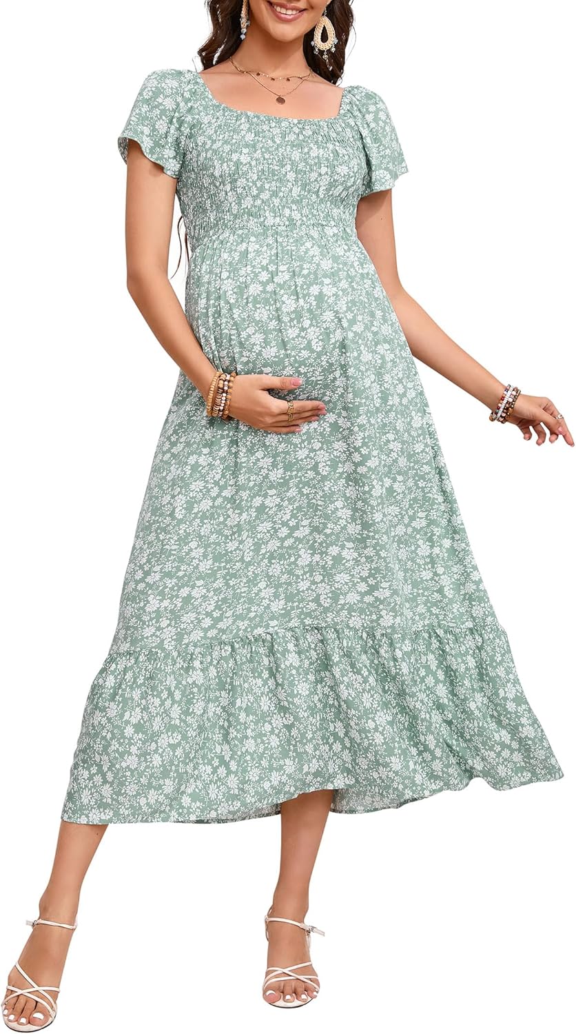 KOJOOIN Maternity Dress Summer Ruffle Short Sleeve Square Neck Smocked Midi Dress Baby Shower Photoshoot