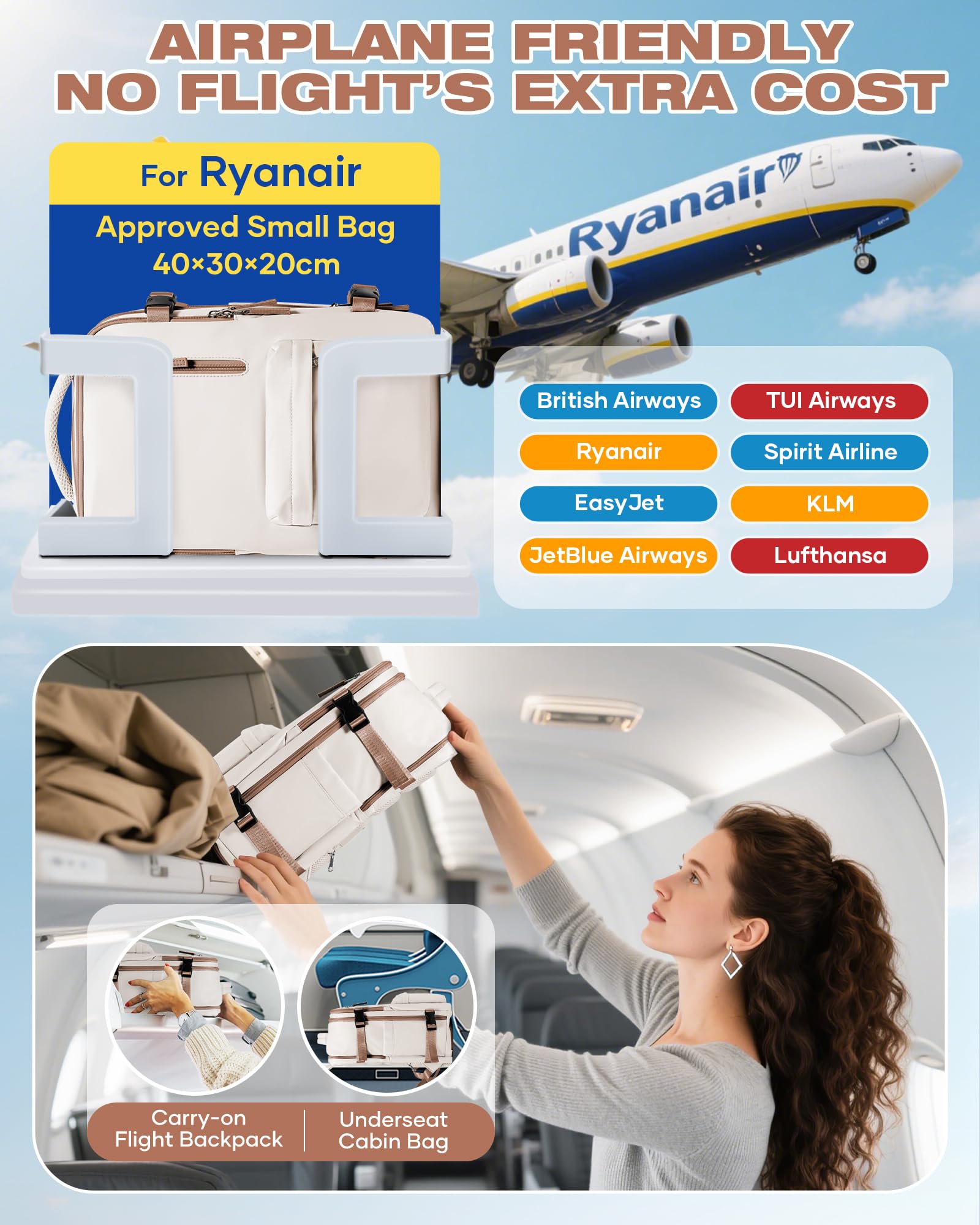 SZLX Zaino Ryanair 40x30x20 Sottovuoto con pompa Zaino Ryanair 40x20x25 Sottovuoto Bagaglio a Mano 40x30x20 Wizzair Zaino da Viaggio 45x36x20 Easyjet Donna Zaino Casual Laptop 14 Pollici Impermeabile