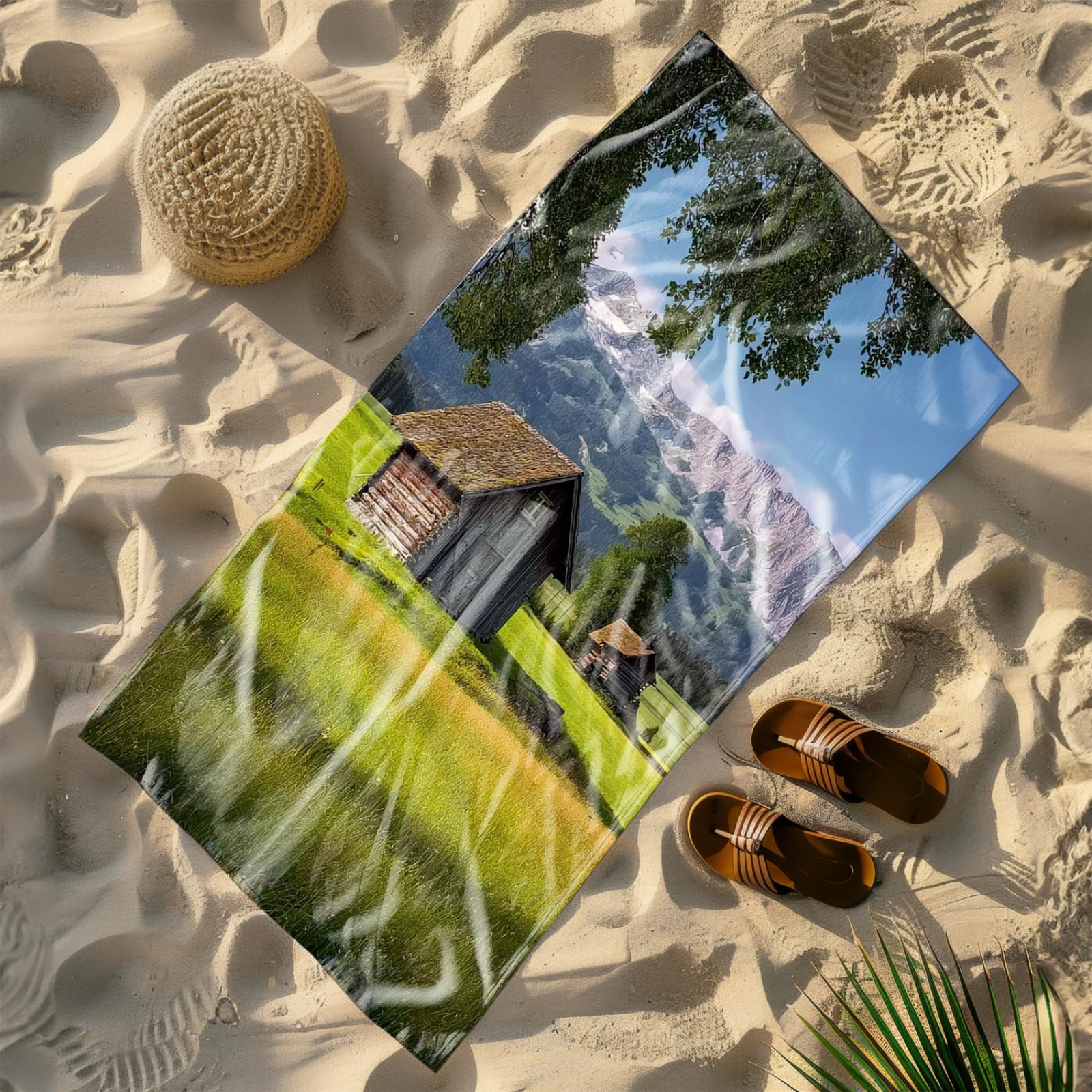 Tapis de Plage XXL Anti Sable Bleu Montagne Serviette Piscine Adulte,Natte De Plage Pliable, Voyage Accessoires De Plage Camping,Serviette de Bain Personnalisée