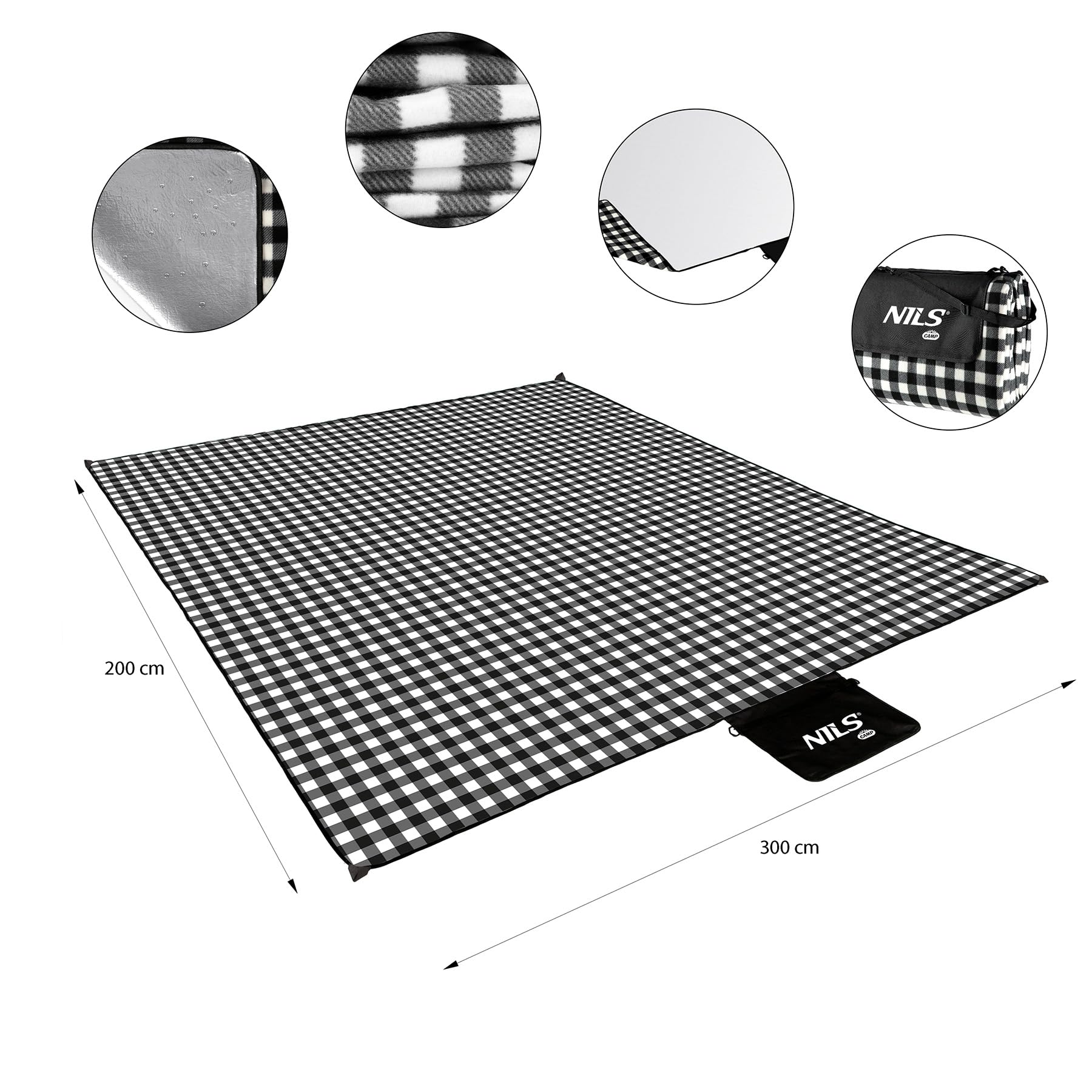 NILS NC2310 Couverture Picnic Camp Noir et Blanc 300 x 200 cm