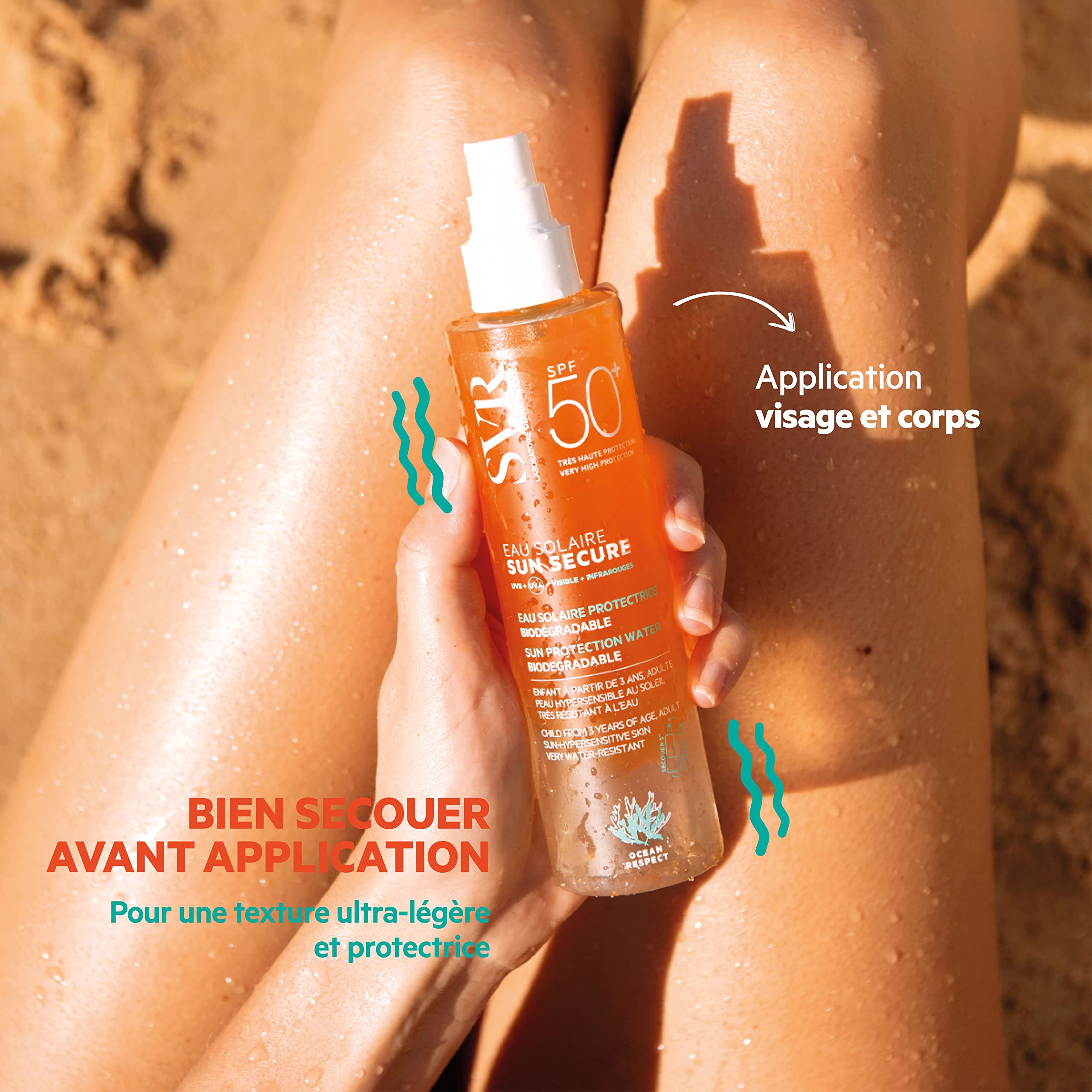 SVR - Sun Secure Eau Solaire SPF50+ - Eau solaire hydratante biphasée – Très haute protection UVA, UVB, lumière visible & infrarouge – Peaux sensibles – Niacinamide, Vitamine E – 200 ml
